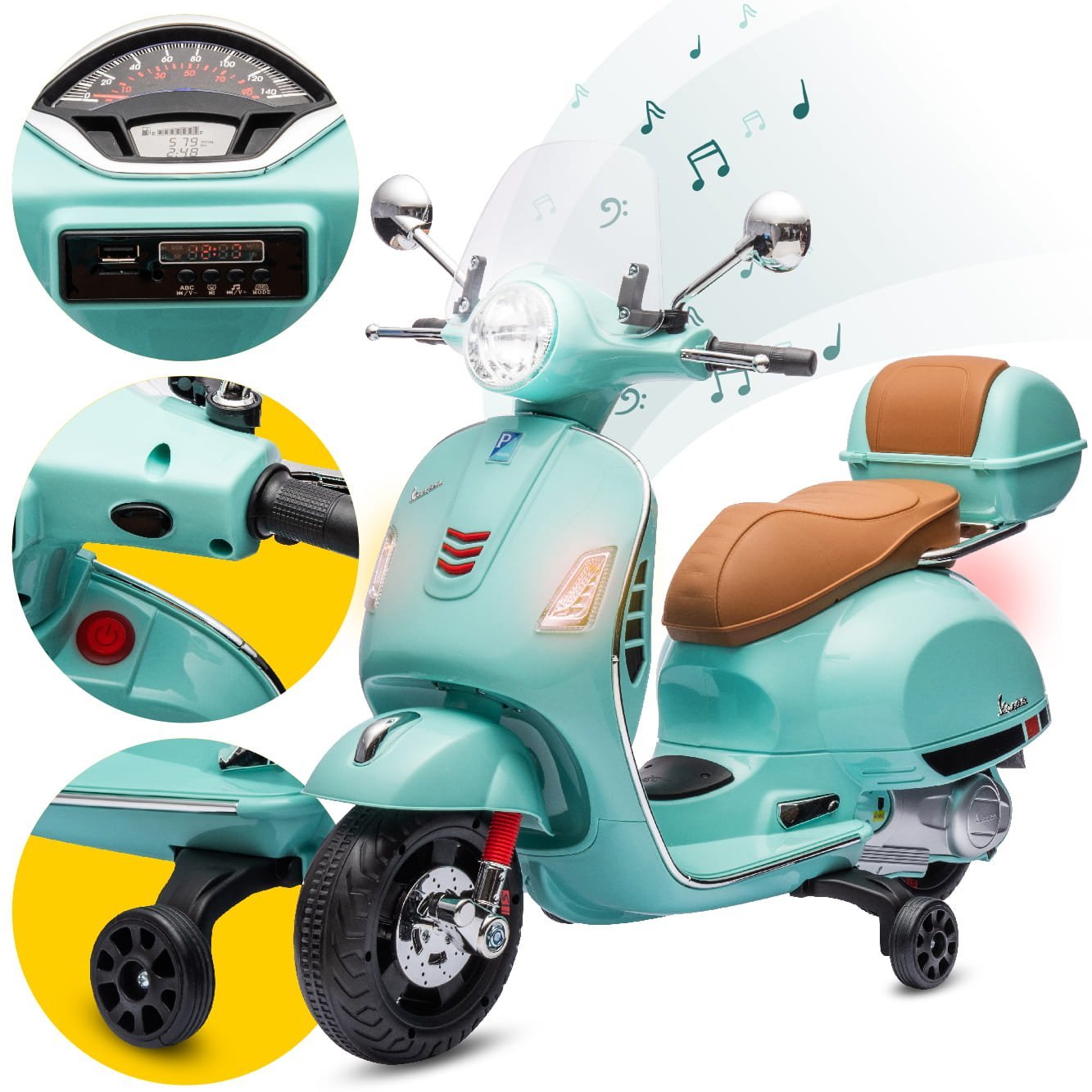 Skuter Vespa na akumulator Jeździk dla dziecka z kuferkiem turkusowy