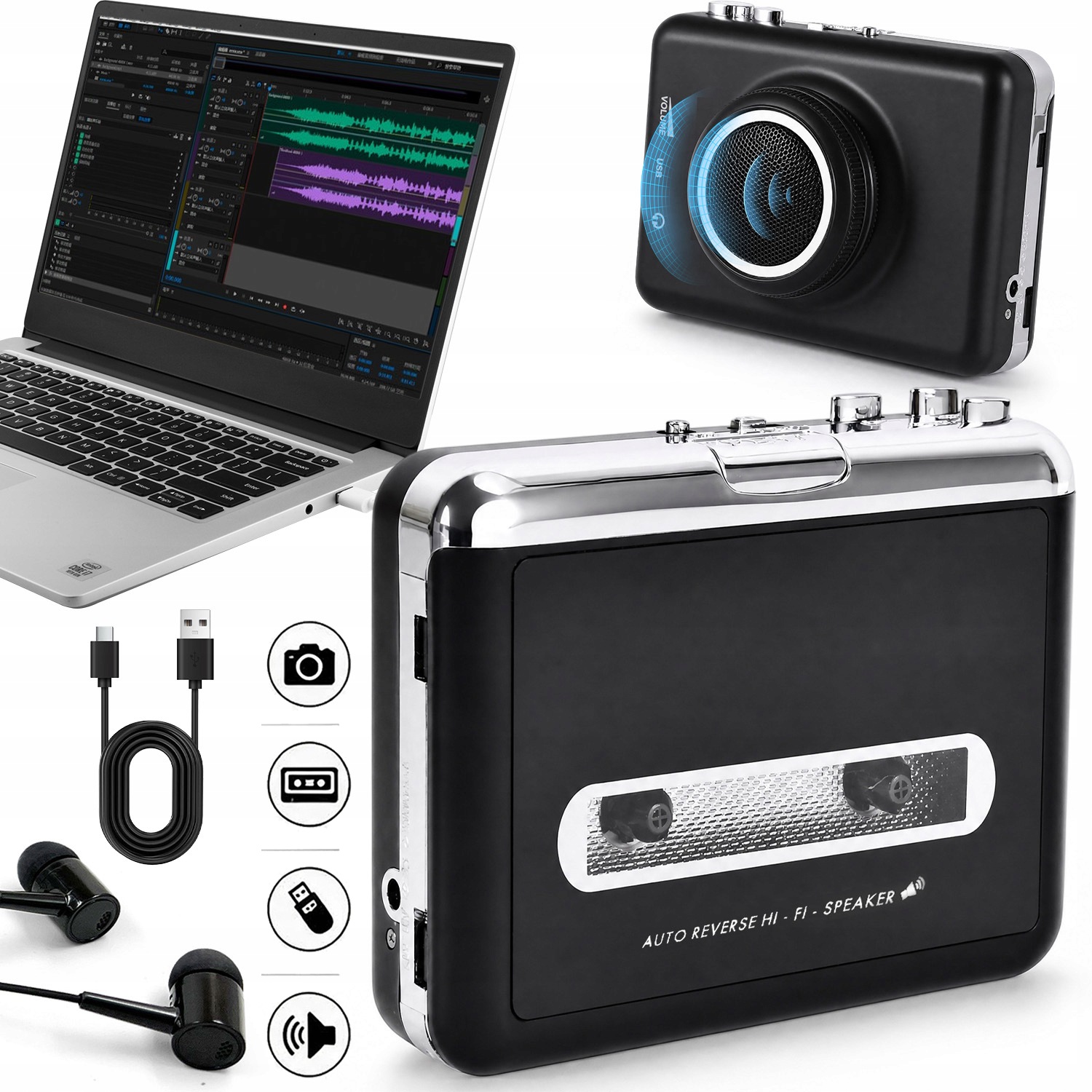 Retro Walkman Převodník Kazet Na MP3 Přes Usb Drátová Sluchátka Černá
