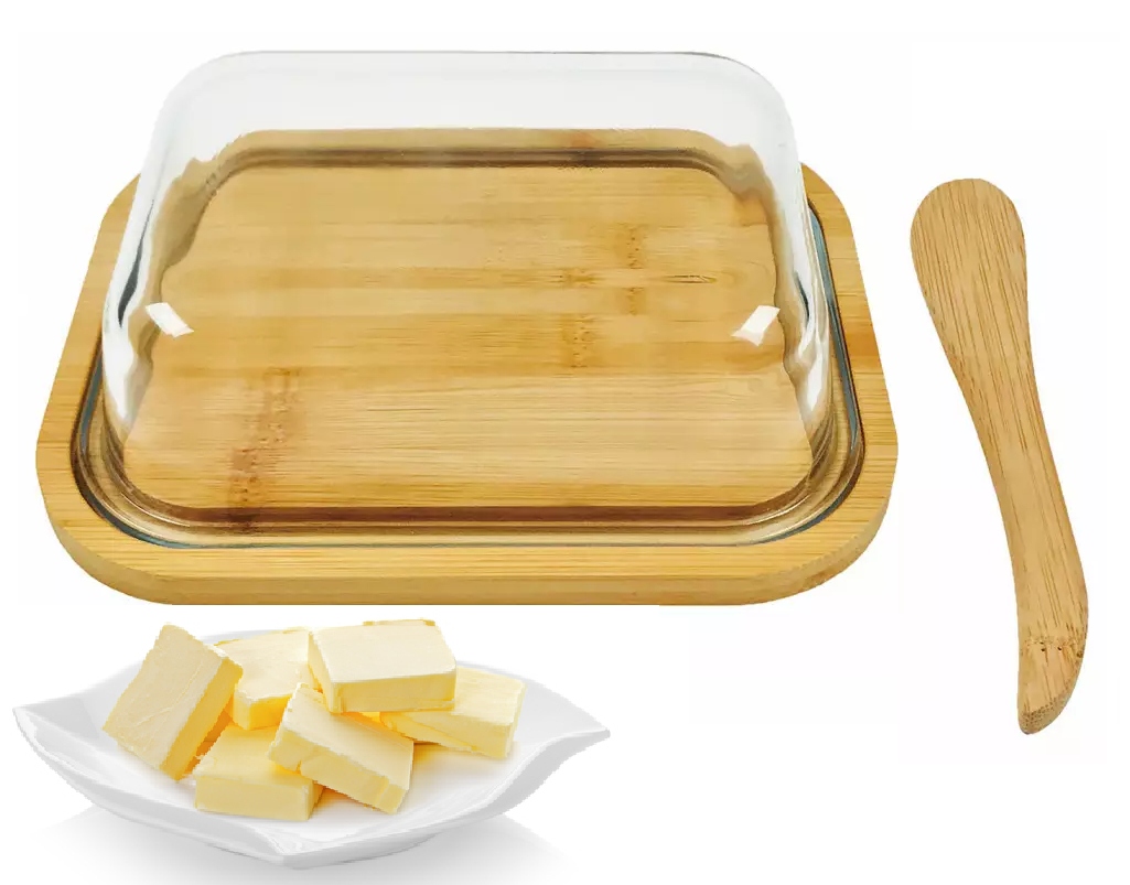 

Szklana maselniczka z podstawką nożykiem maselnica