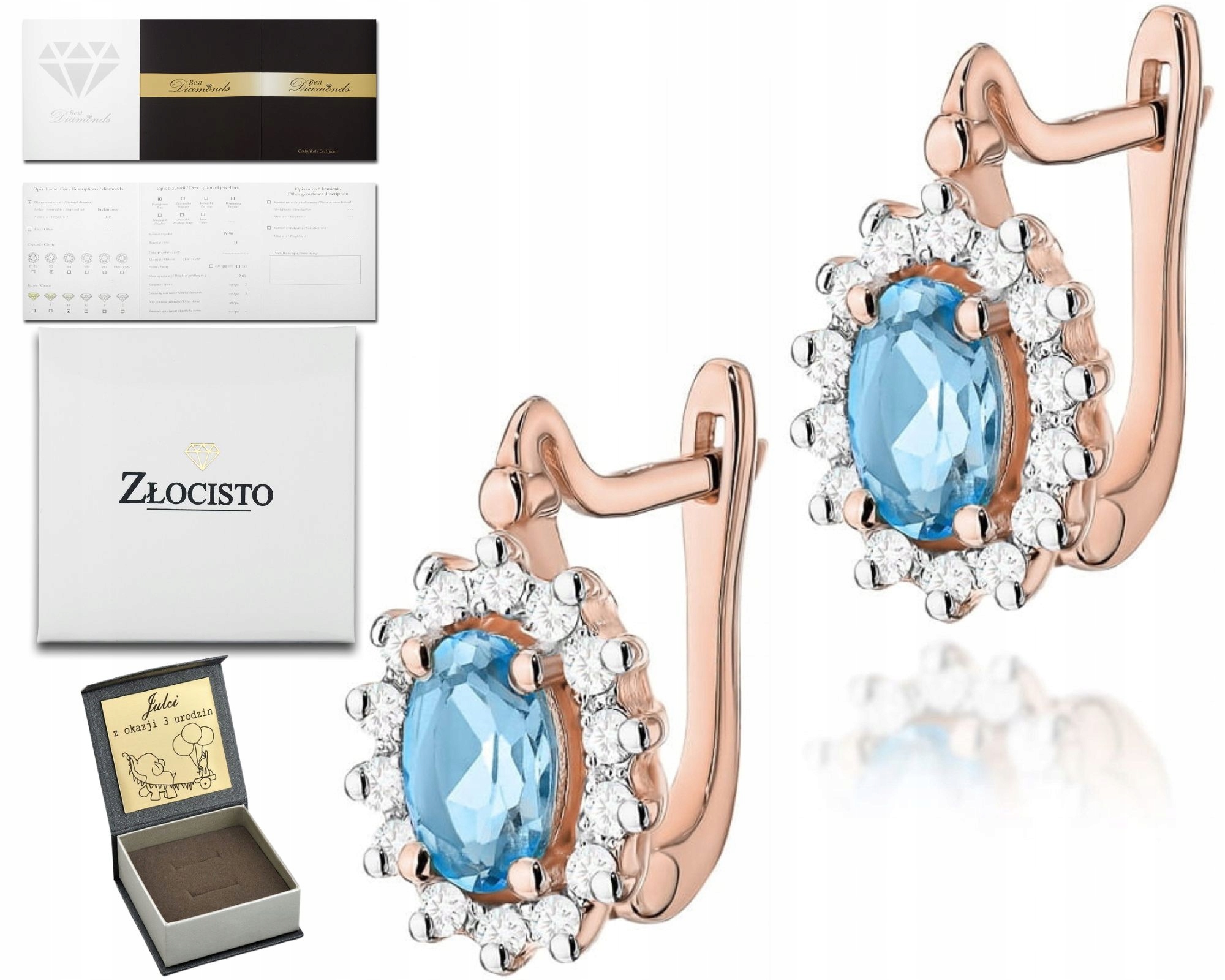 Náušnice Přírodní Kámen Topaz Ryzost Zlata 585 Růžové Zlato Dárek Gravírování