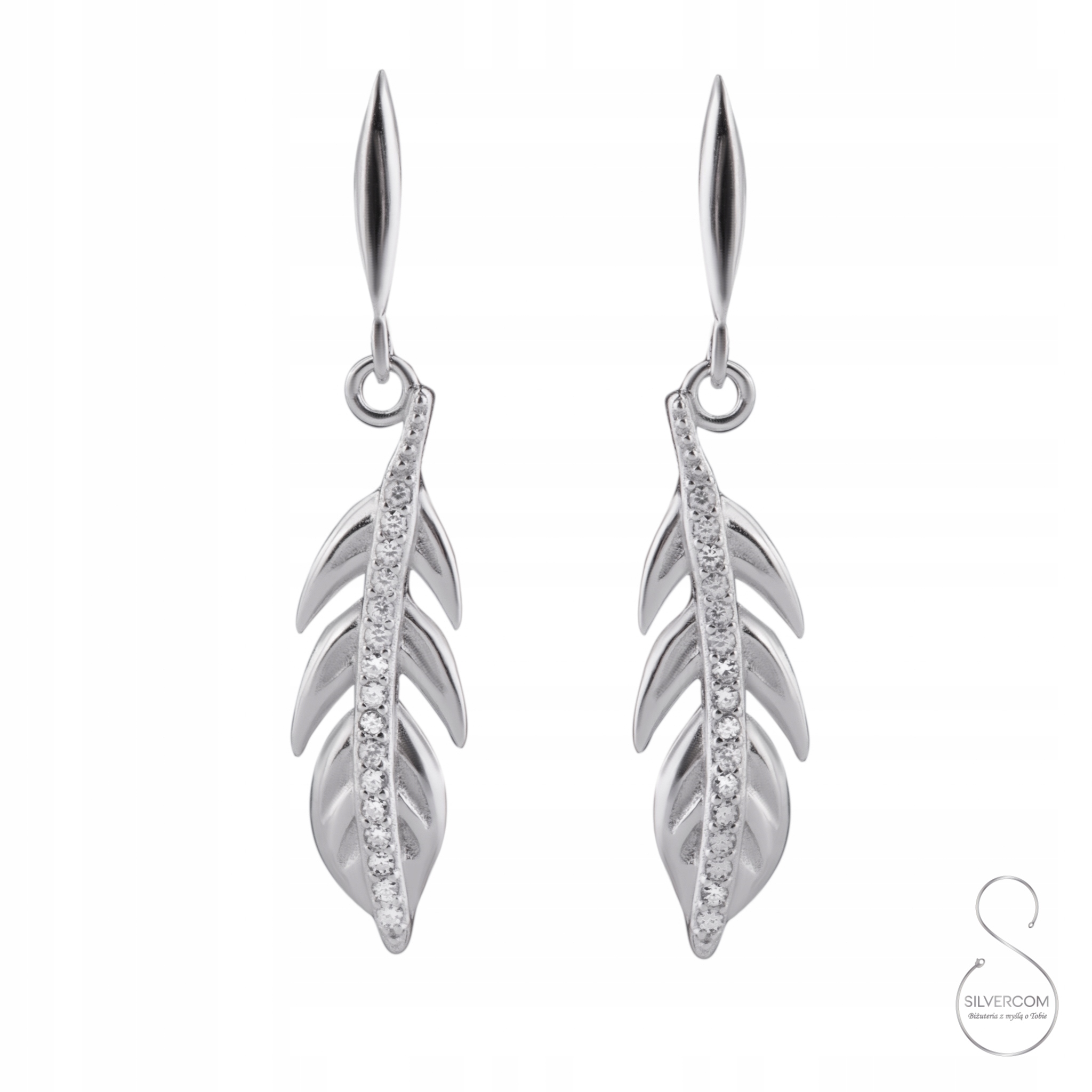 Stříbrné Náušnice Ag925 Pírka Lístky Zirkony Tyčinka Jako Dárek Pro Ženu
