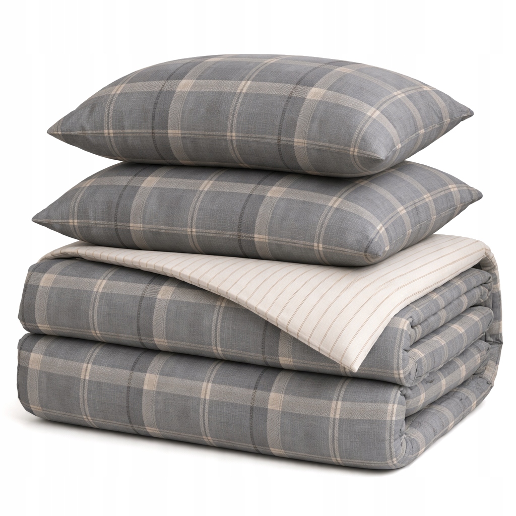 Pościel bawełniana 200x220 poszewki naturalna bawełna w kratę szara beż