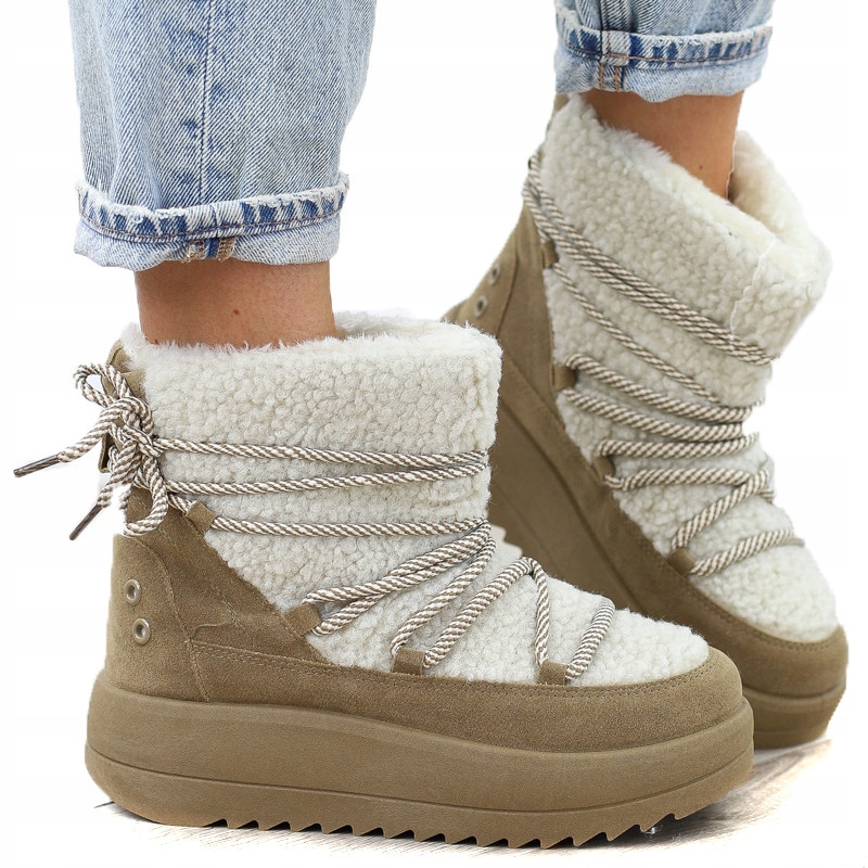 Hnědé dámské kotníkové boty s kožíškem, teplé sněhule eskymácké