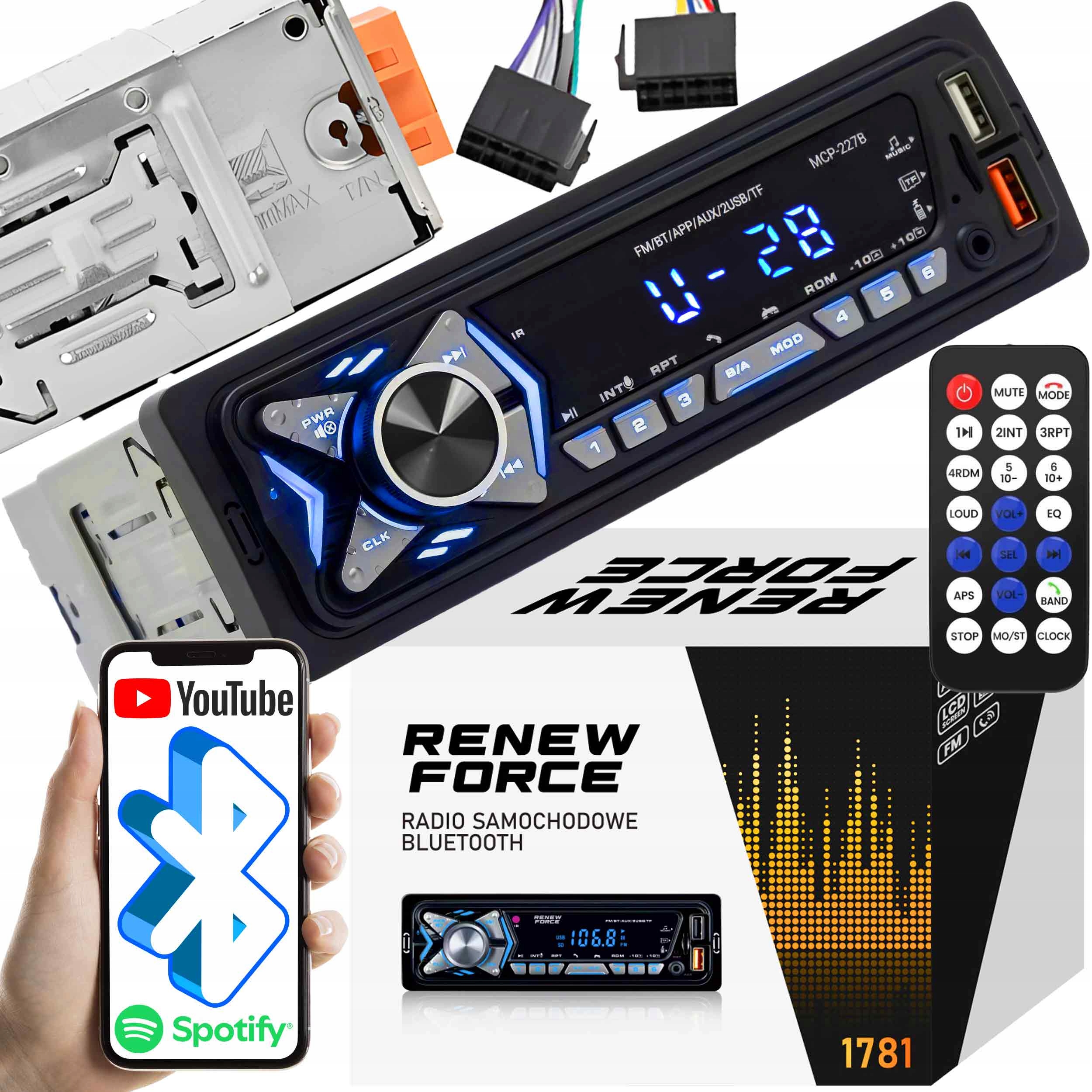 Radio Samochodowe Bluetooth 1-DIN Usb Aux MP3 LCD Mikrofon Pilot Zestaw