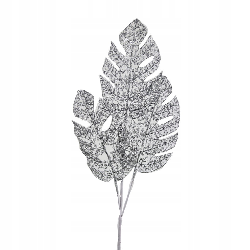 

Gałązka ozdobna Monstera srebrna brokat 77 cm