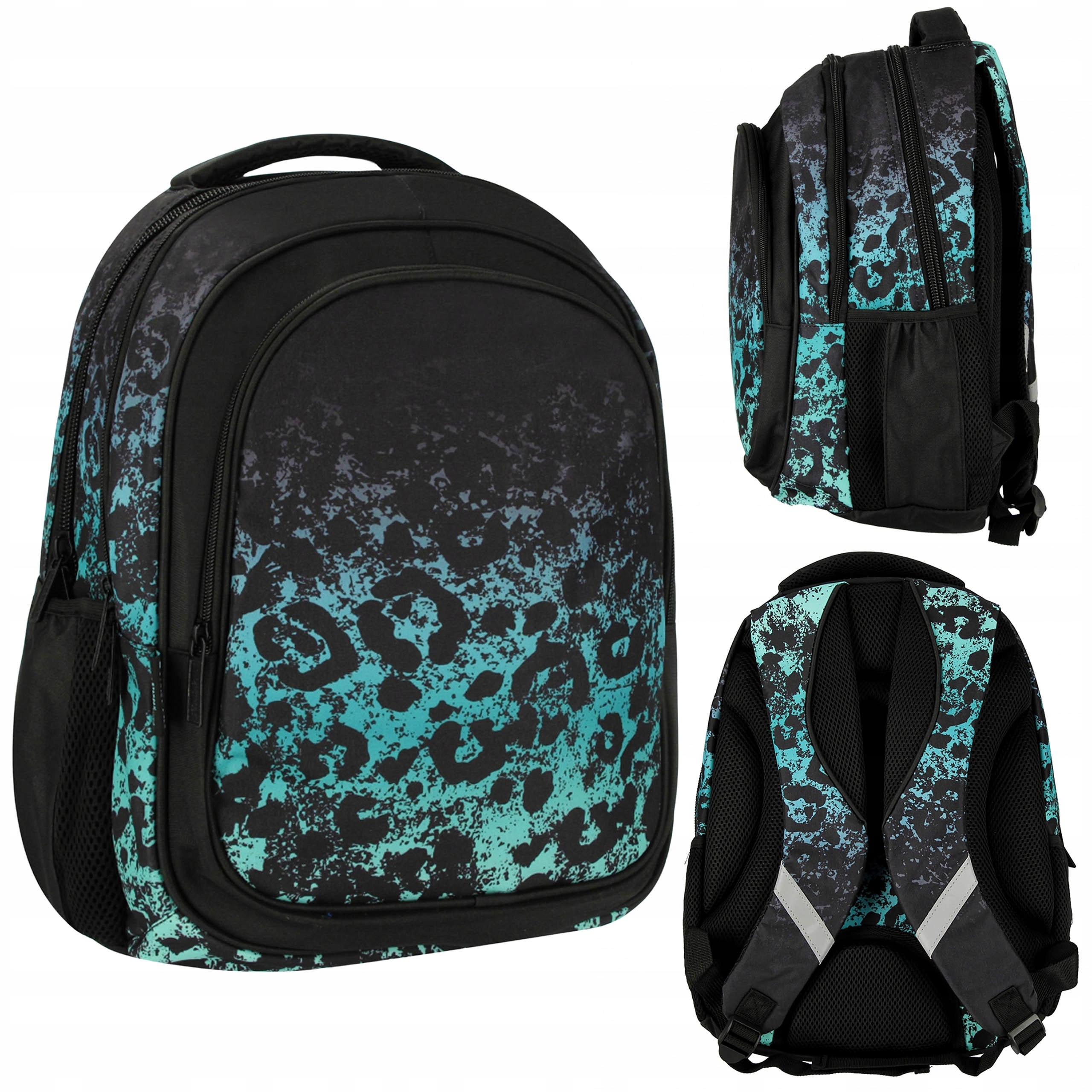 Černý batoh pro mládež s leopardím vzorem, Mládežnický, Školní 43x35x21 cm, 26 l