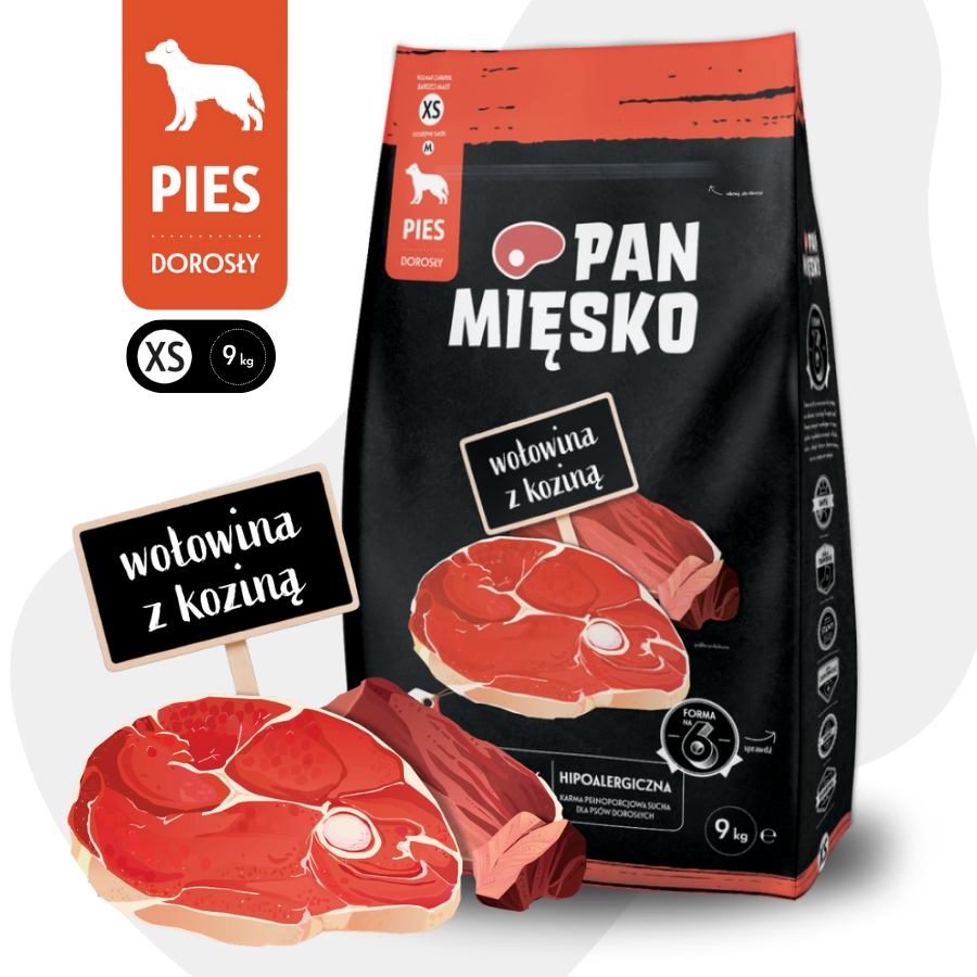 Pan Mięsko Krmivo suché pro psa Hovězí Kozina Zelenina Malá plemena Xs 9 kg