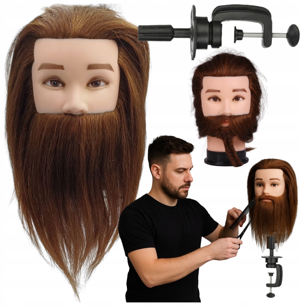 Kadeřnická hlava pánská tréninková hlava s vousy figurína cvičení přírodní