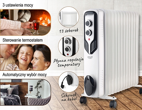 Grzejnik Olejowy Adler AD 7818 2500W 13 Żeberek Biały