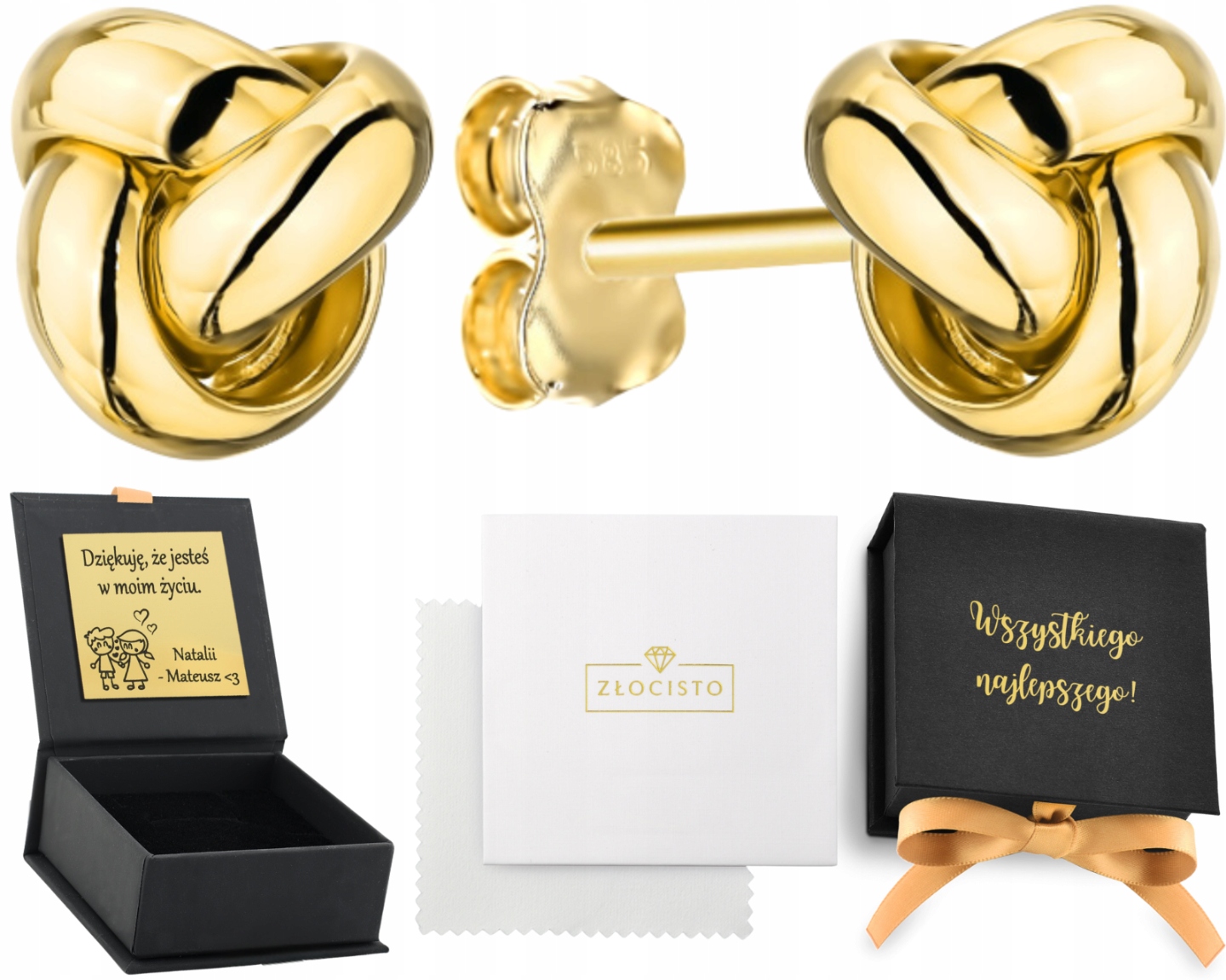 Zlaté Náušnice s hladkými uzly, pletené, moderní, zlato 585, Dárek produkt