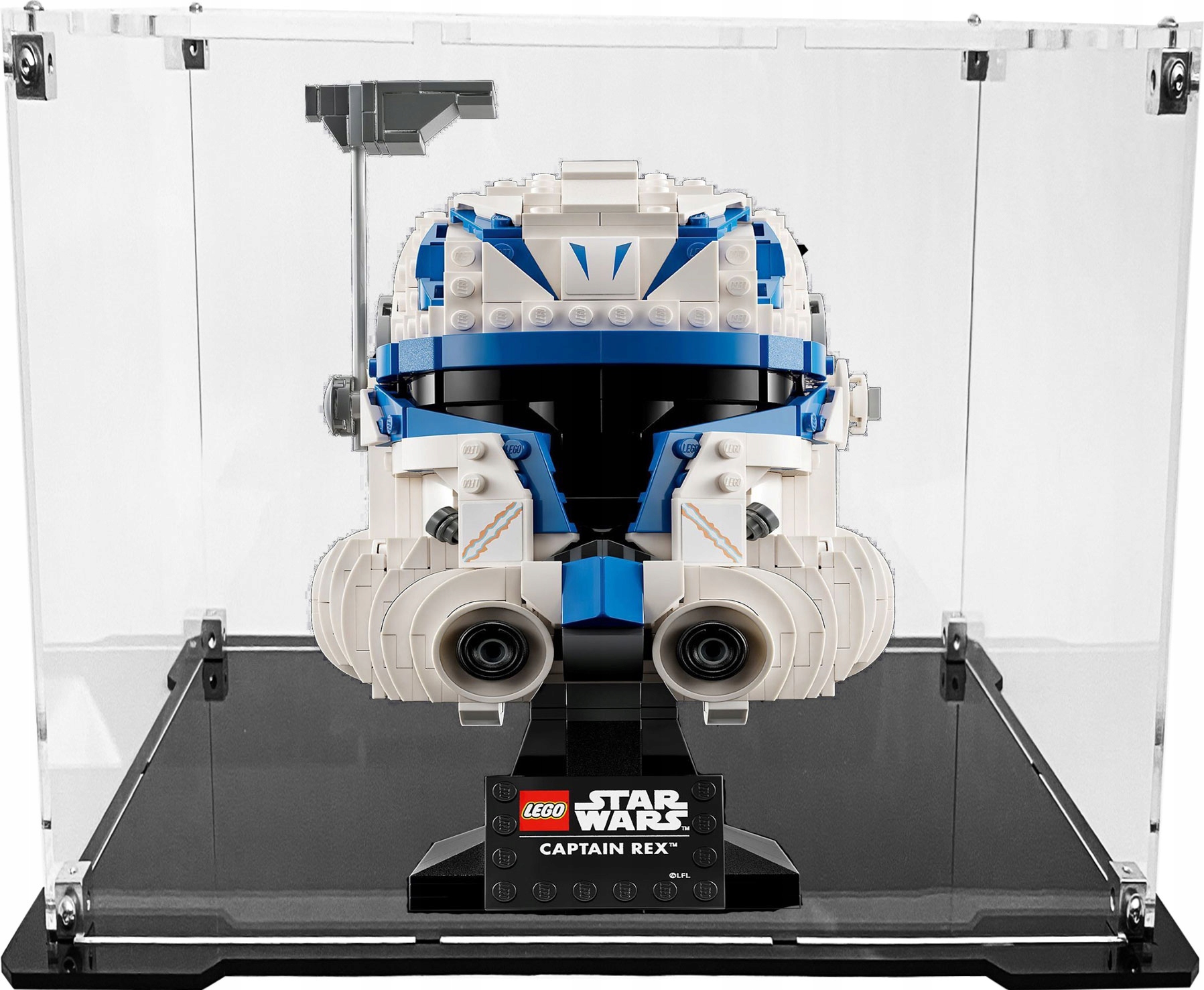 Vitrína s černou základnou pro stavebnici Lego 75349 Helma kapitána Rexe