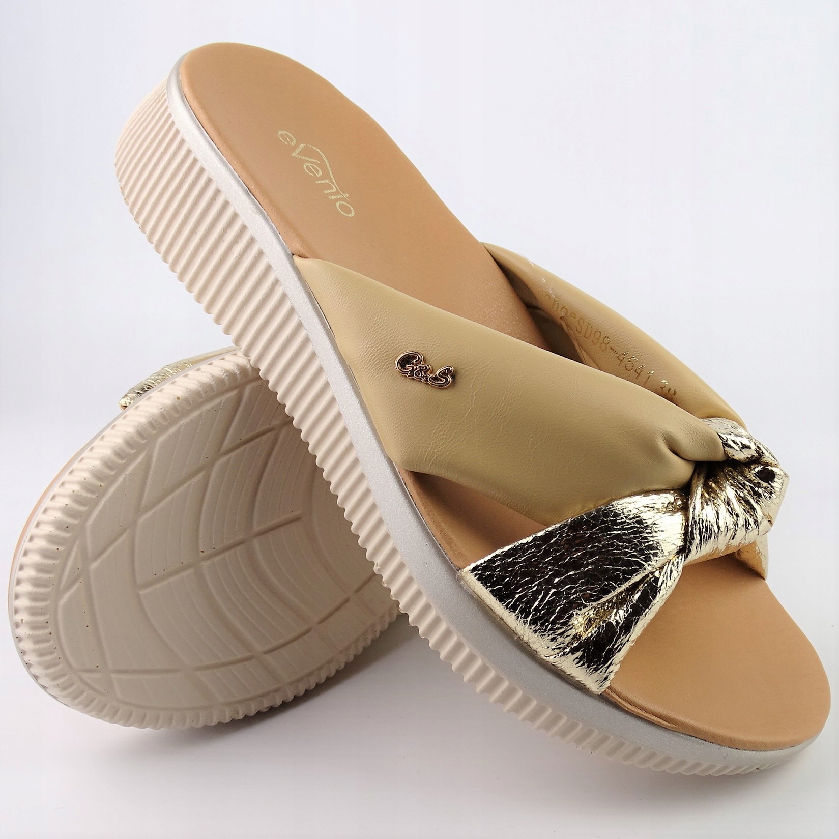 KLAPKI DAMSKIE LEKKIE BEŻOWE NISKA KOTURNA NA SZERSZĄ STOPĘ roz 41 Materiał zewnętrzny skóra ekologiczna