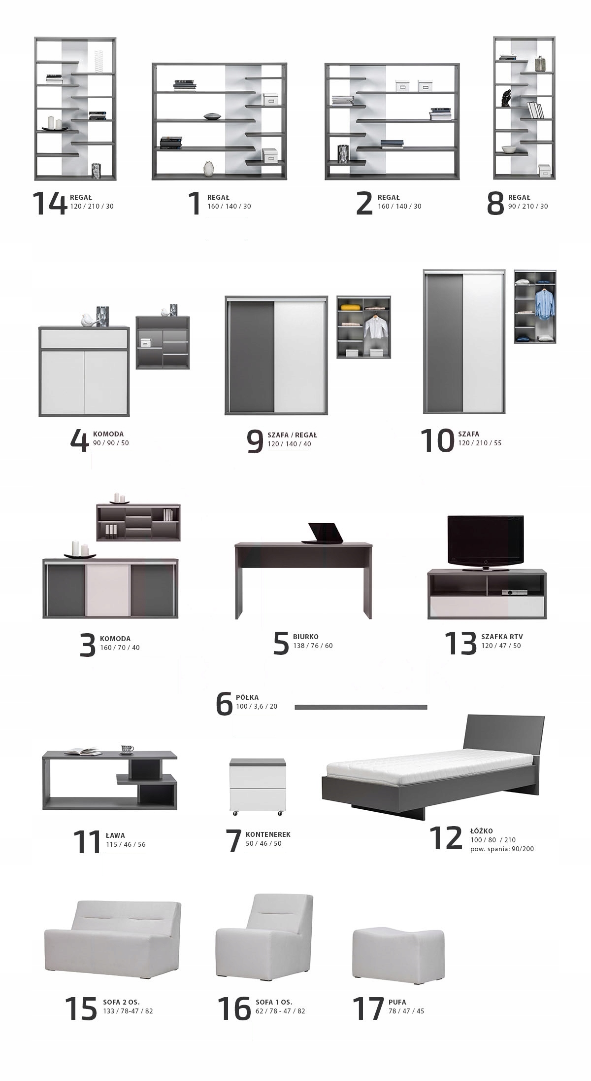 Meble ARES zestaw 2 - popiel / biały połysk Kolor frontów biały