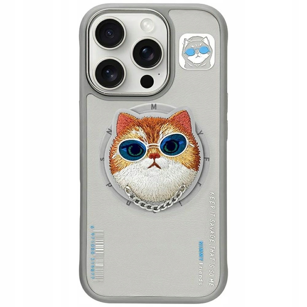 Pouzdro Nimmy Glasses Cool Cat MagSafe pro iPhone 16 Pro Max šedé