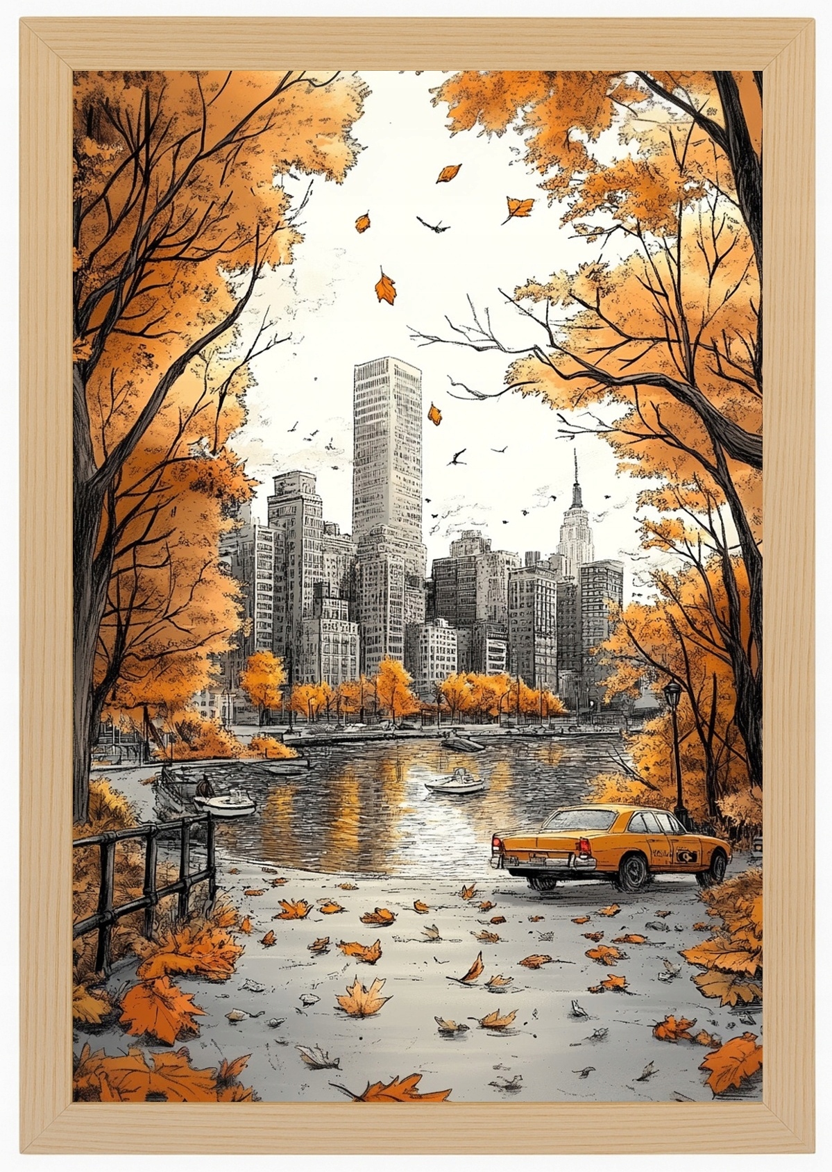 Plakát S Dřevěným Rámeček New York Manhattan Central Park Taxík Podzim 40x60