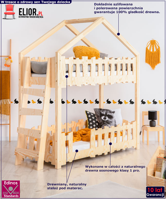 ŁÓŻKO PIĘTROWE DZIECIĘCE DREWNIANE DOMEK + STELAŻE Kod producenta S55667