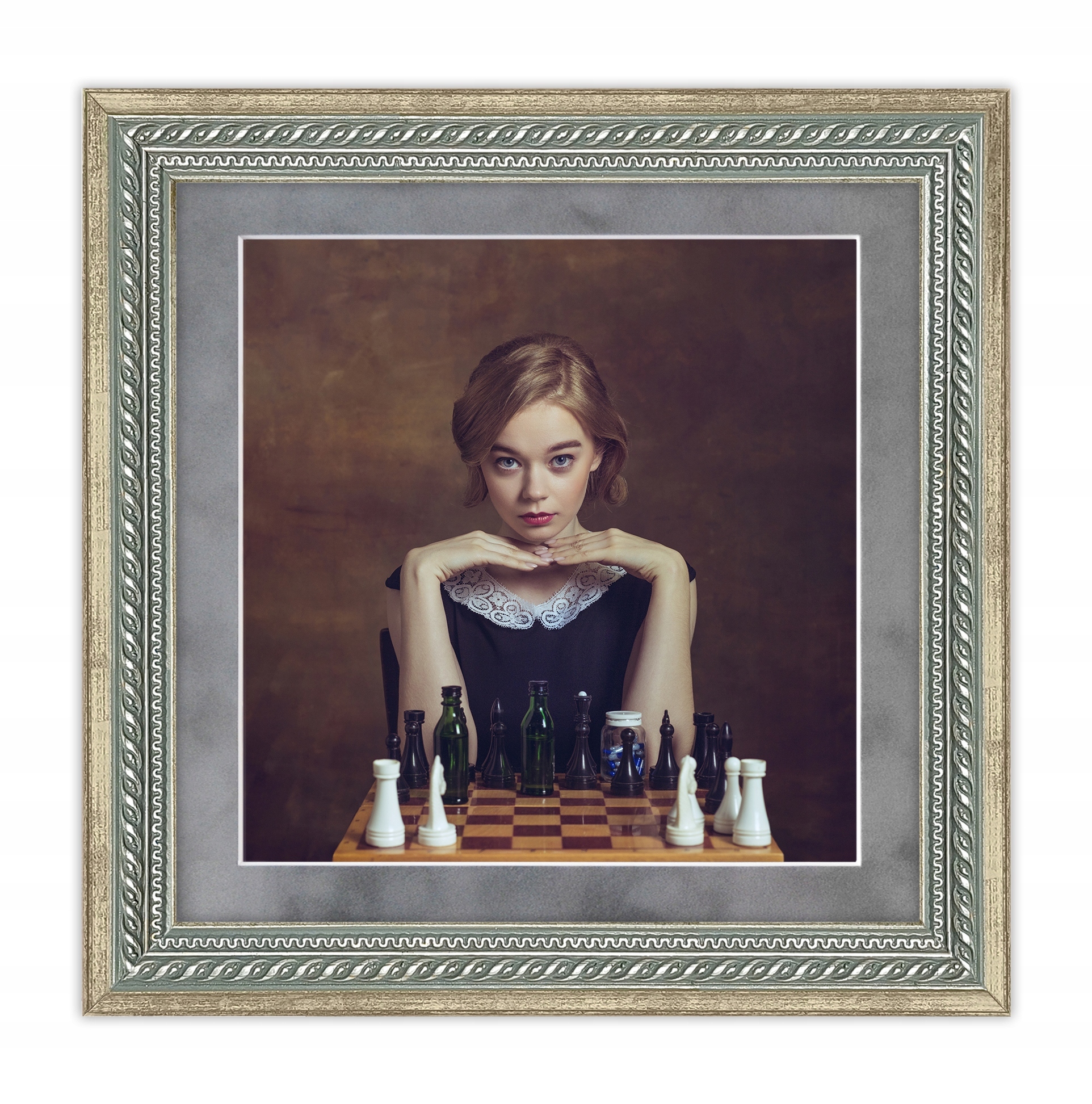 Rámeček Harry stříbrný 30x30 Passepartout šedý velur 25x25 zdobený dřevem