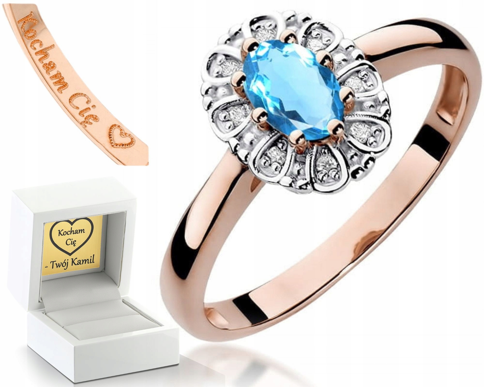 Růžový Zlatý Prstýnek S Topazovými Diamanty 585 Dárek Gravírování