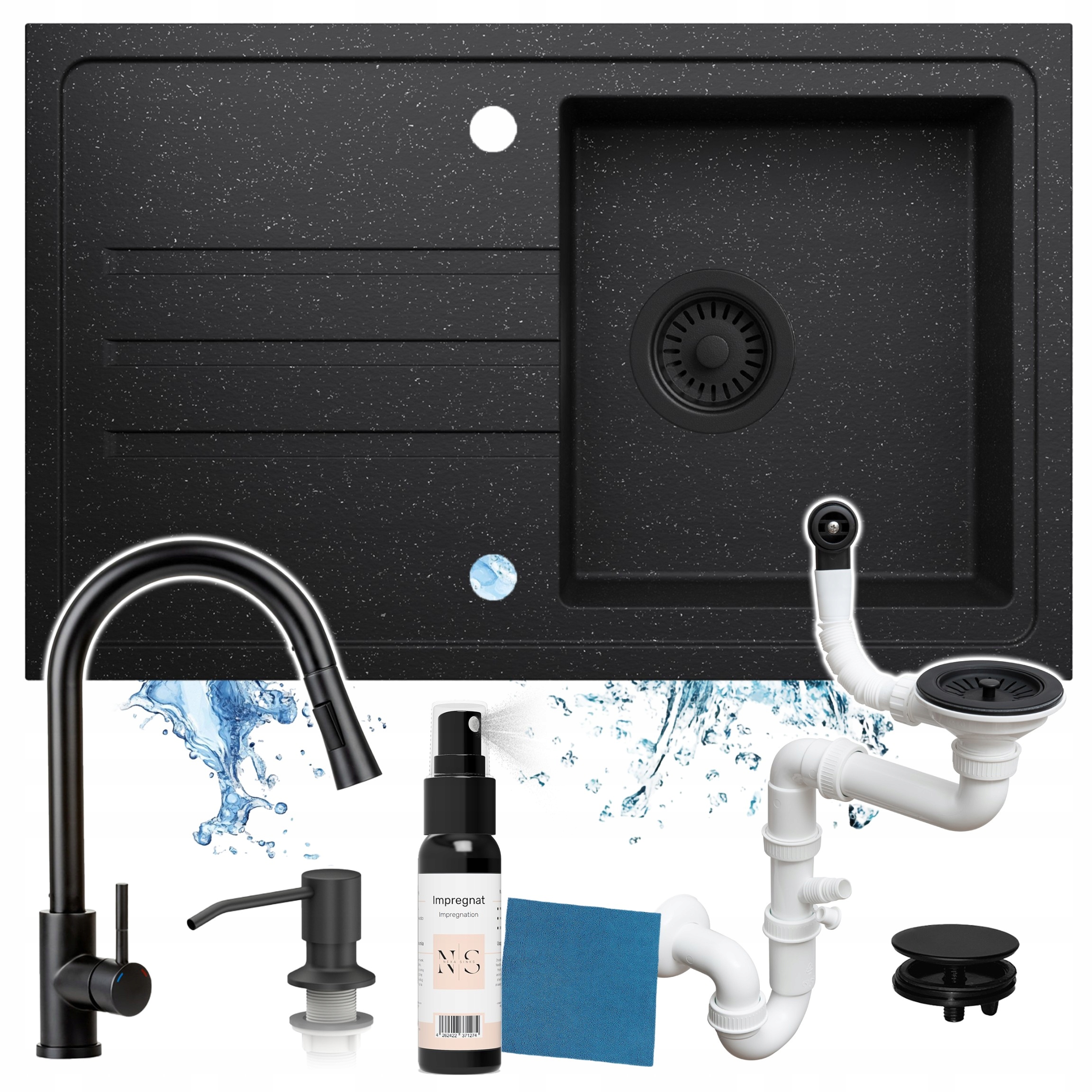 Sada Granitového Dřezu Jednokomorová, Skvrnitá Baterie, Sifon Pro Dávkování