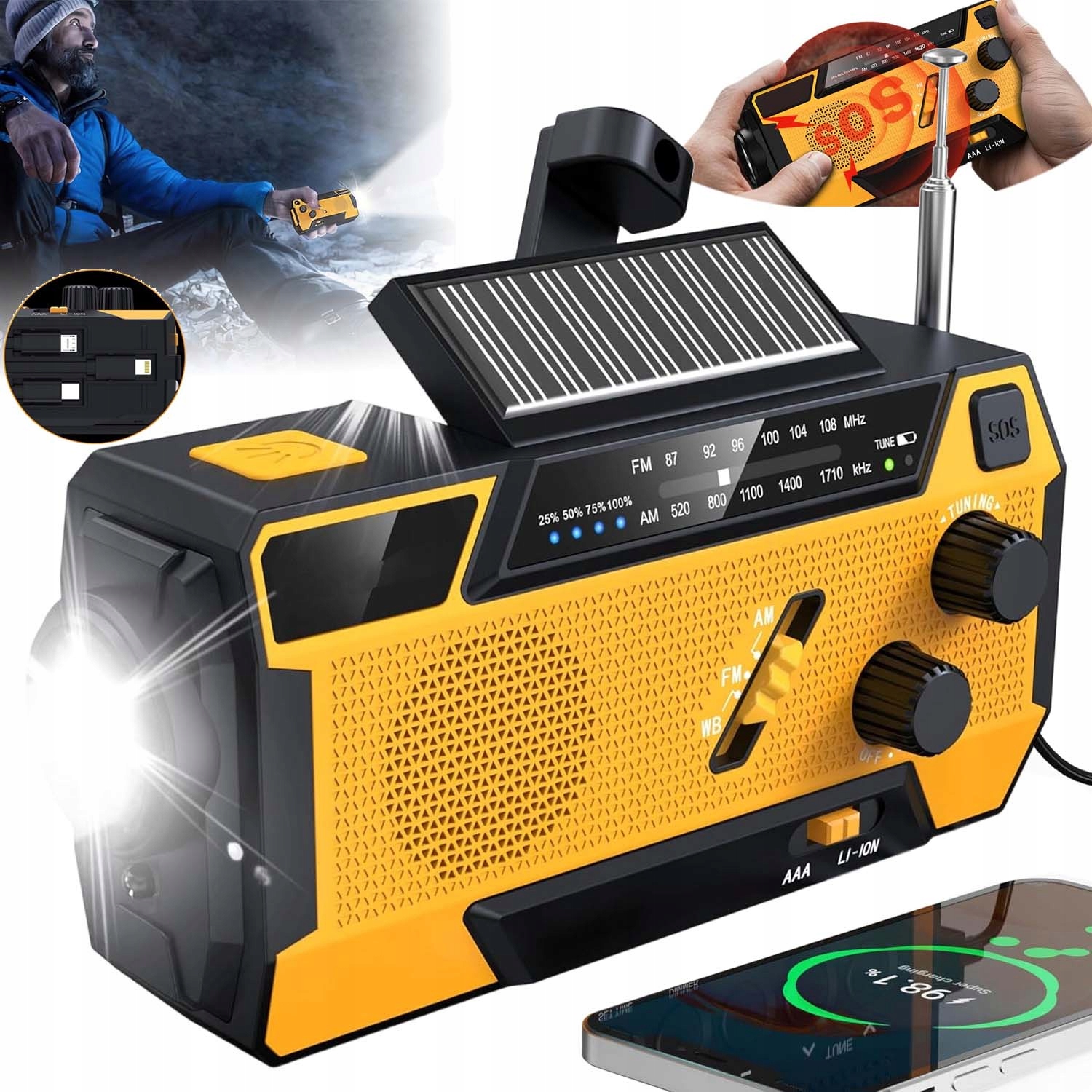 Solární Rádio Nouzové Přenosné Fm Am Omáčka Dynamo Svítilna Powerbanka 2000MAH