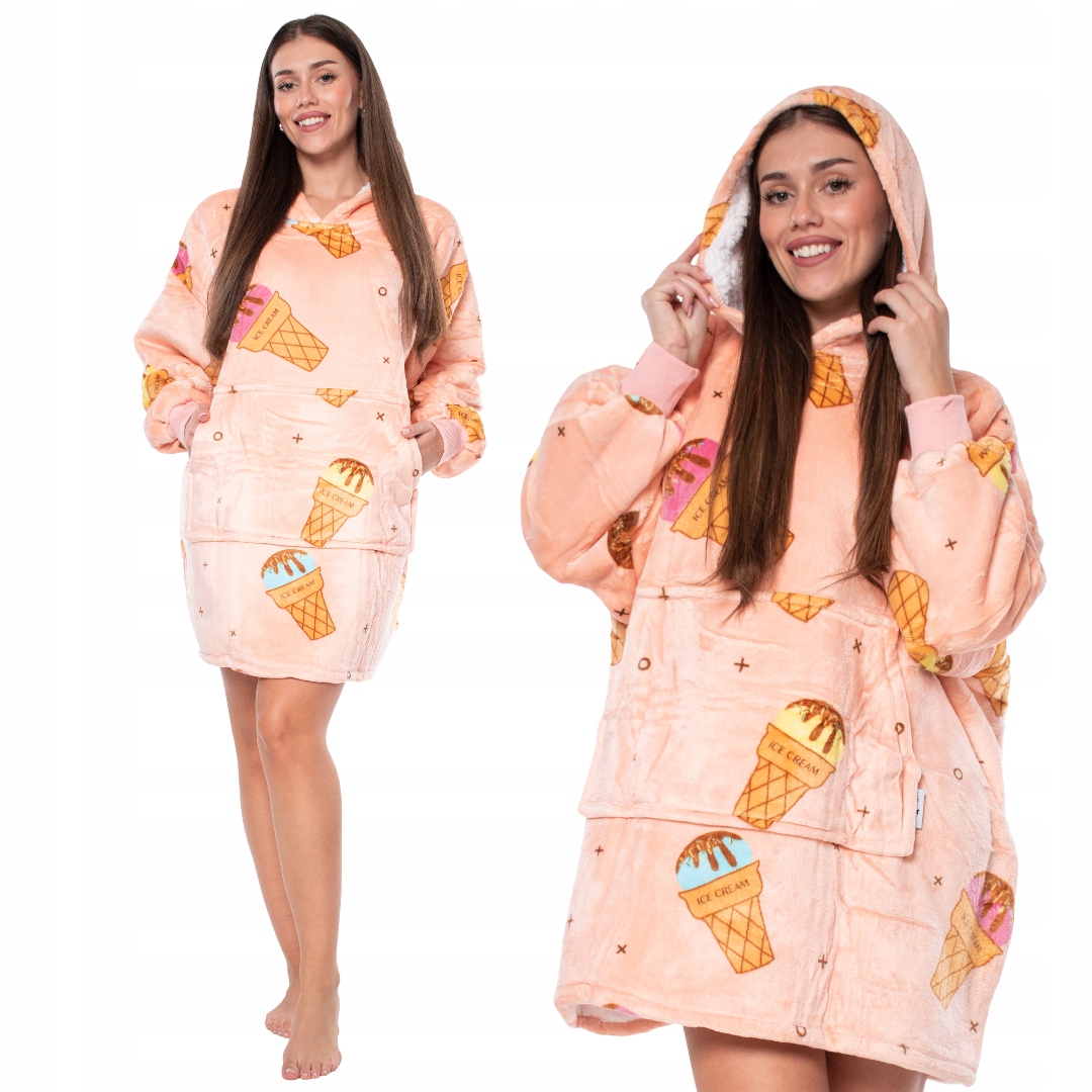 Mikina Deka Mikinová Deka 2v1 Oversize s kapucí Tlustá Sherpa Růžová s ledem