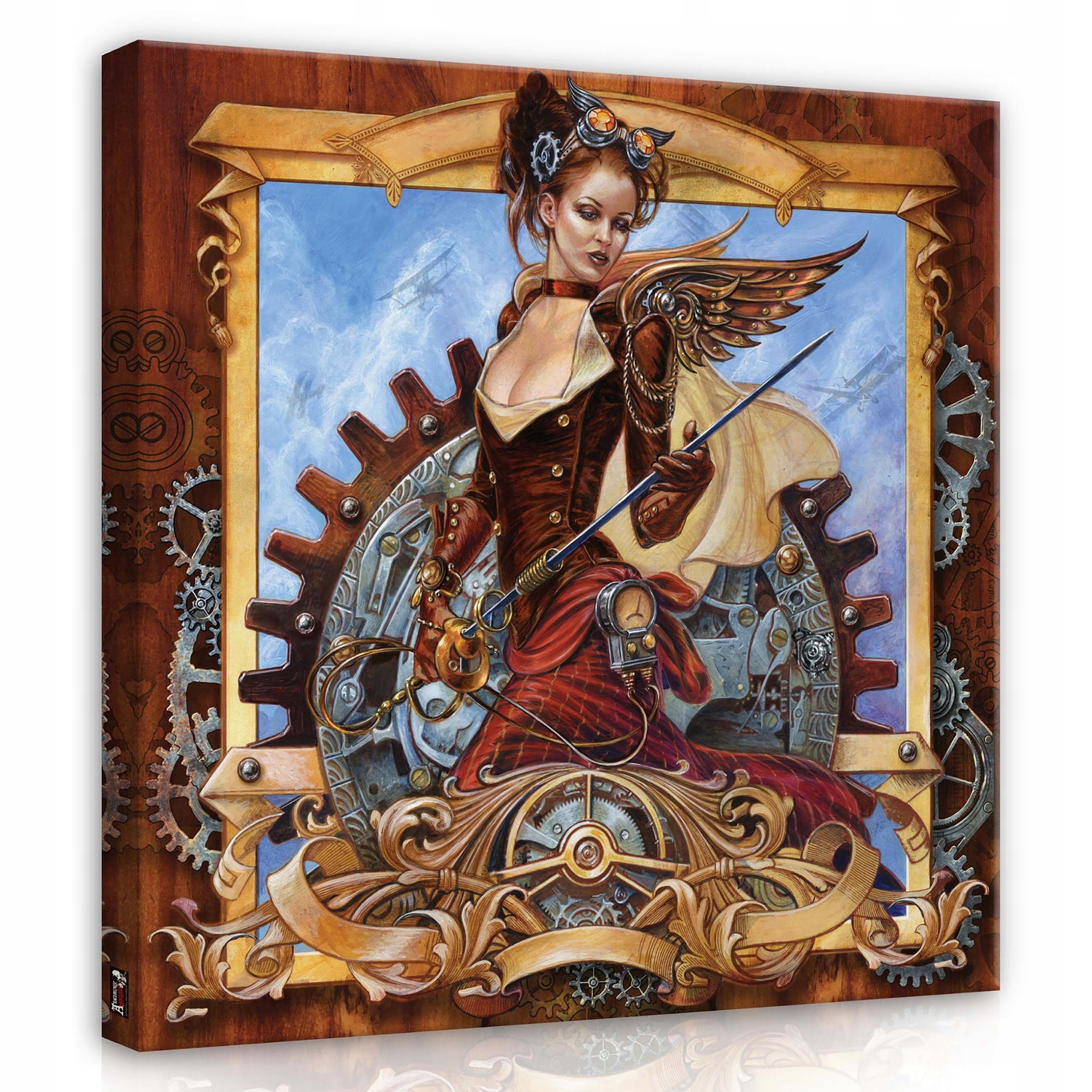 Obraz 80x80 Steampunk žena-pilot mechanická křídla ozubená kola vynález
