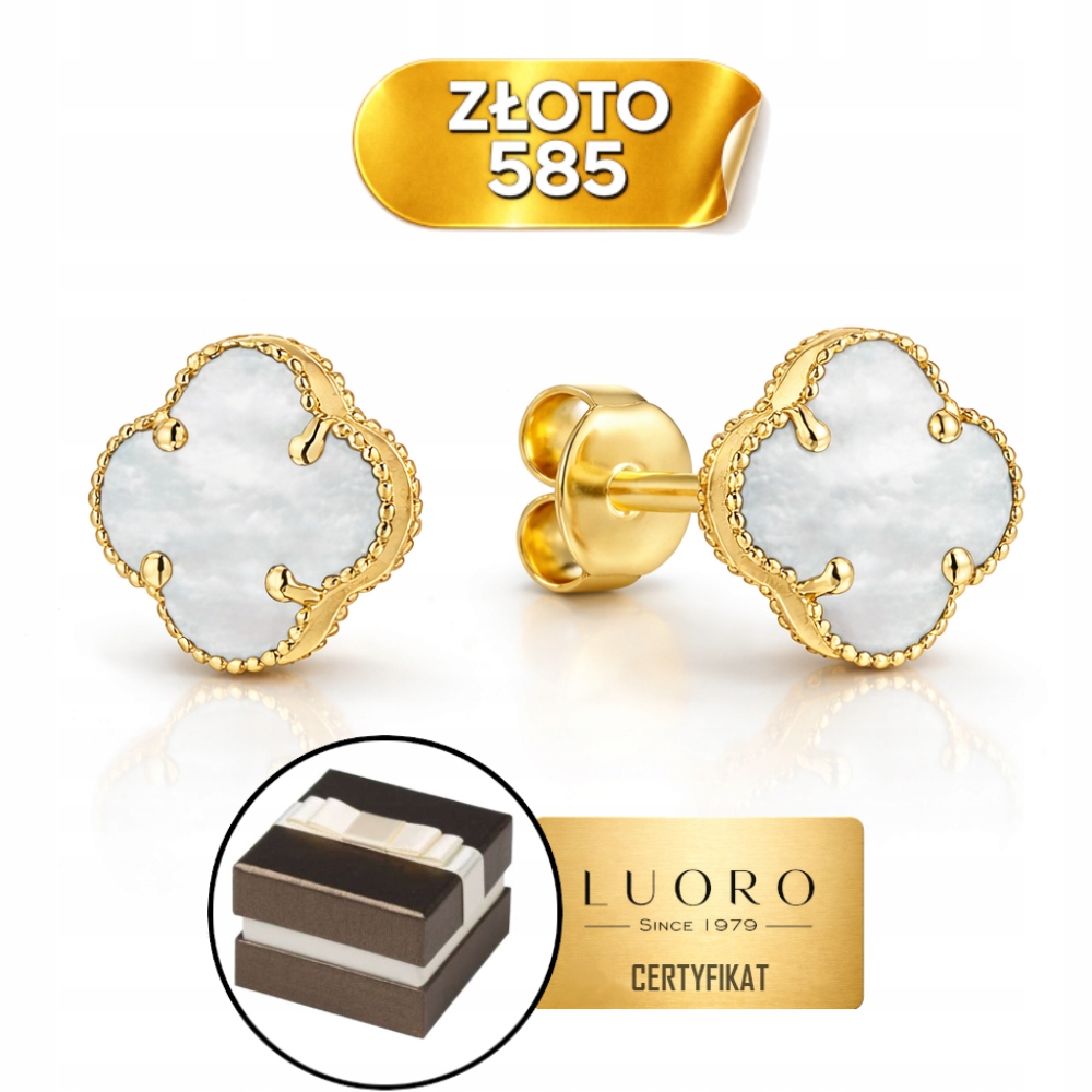 Náušnice Zlaté 585 14K Jetelky S Perleťovou Hmotou 8 MM Elegantní Tyčinka