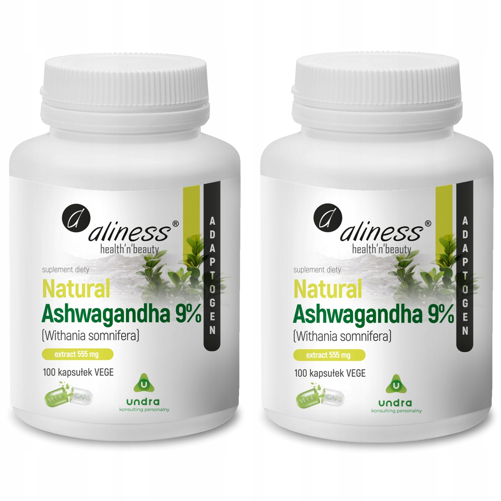 Ashwagandha Aliness 555mg 9% Mocny Ekstrakt 2x 100 kap Stres Kortyzol Nerwy