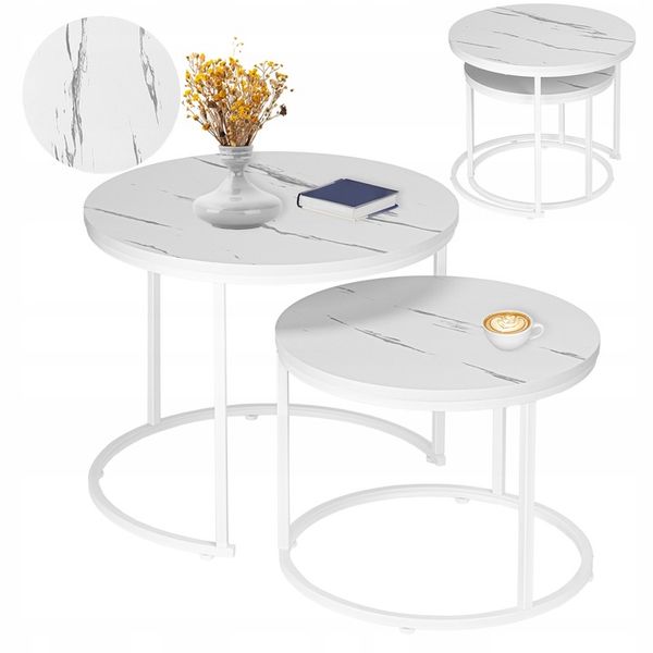 Kávový Stolek Kulatý 2V1 Bílý Mramor Sada 2 konferenčních stolků Glamour