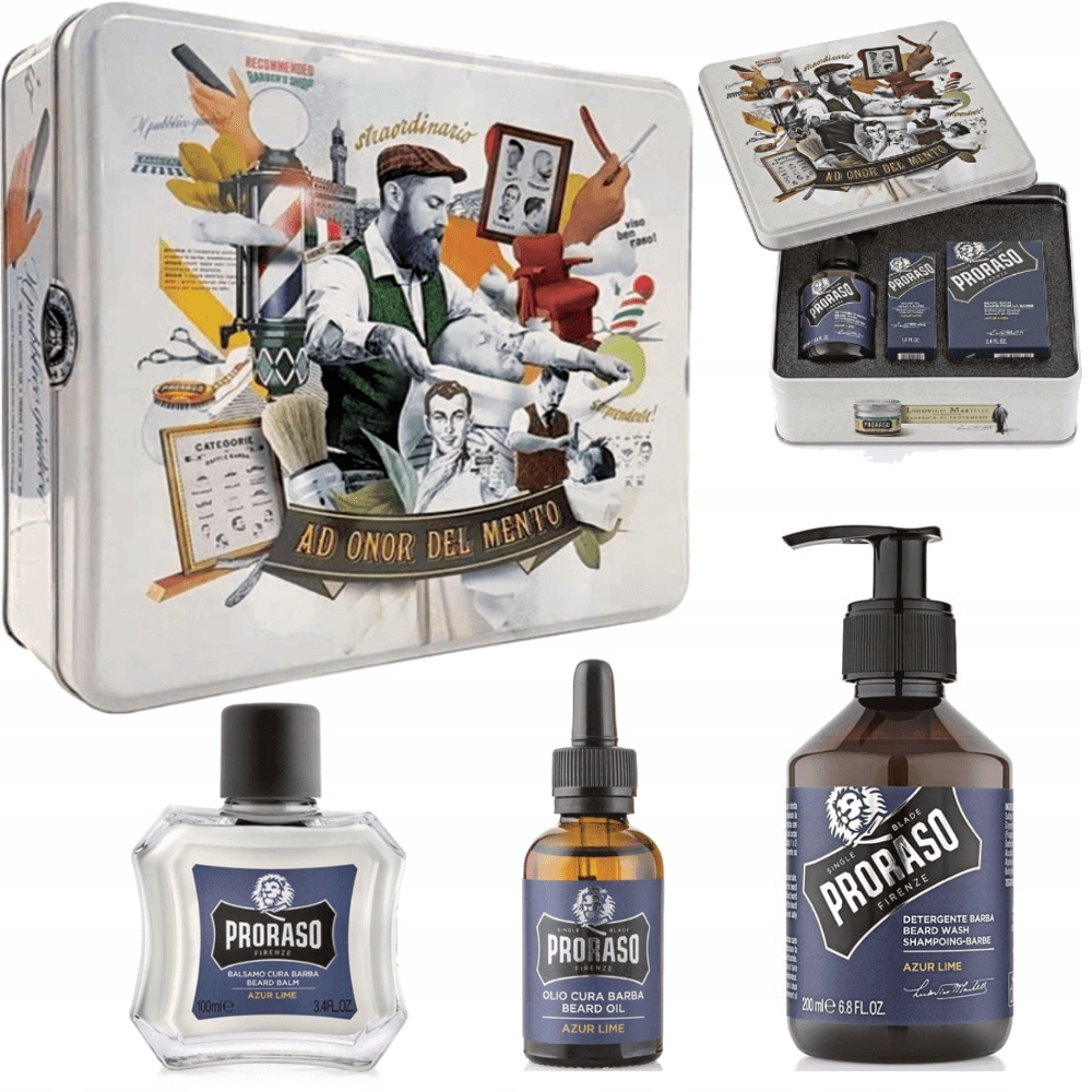 Proraso Azur Lime Beard Kit, sada na vousy, jako dárek v kovové plechovce