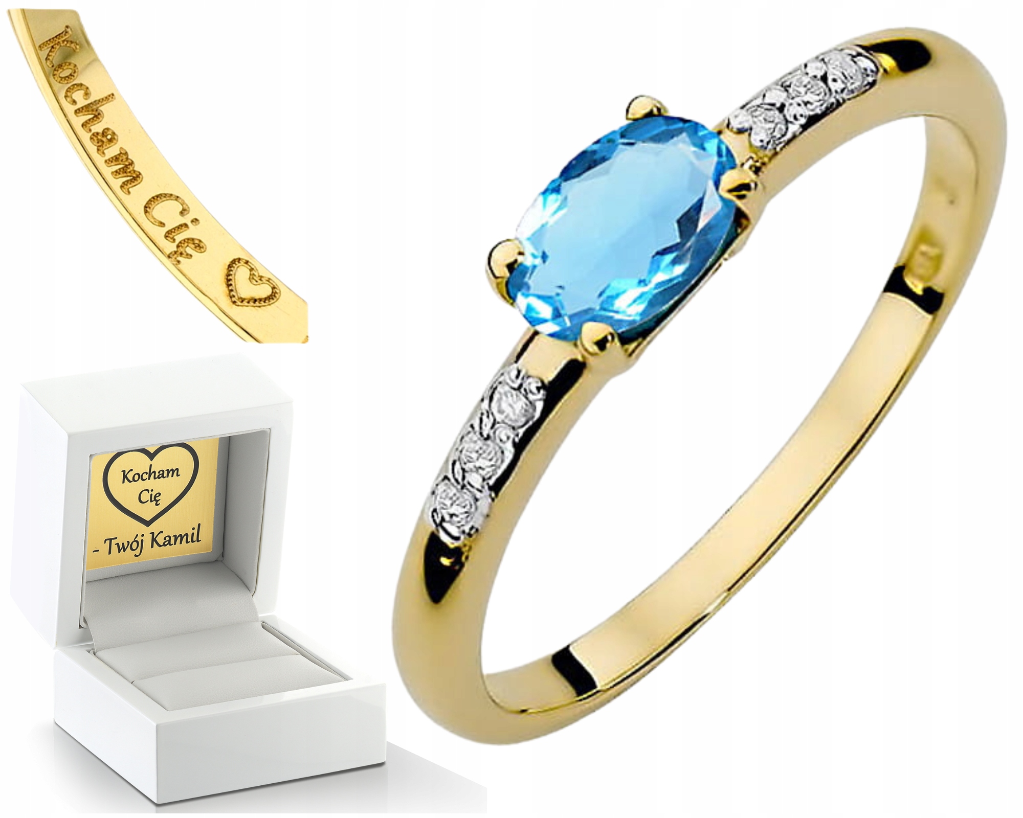 Zlatý Prstýnek Prsten S Topazem A Diamanty, Gravírování Bonus 585