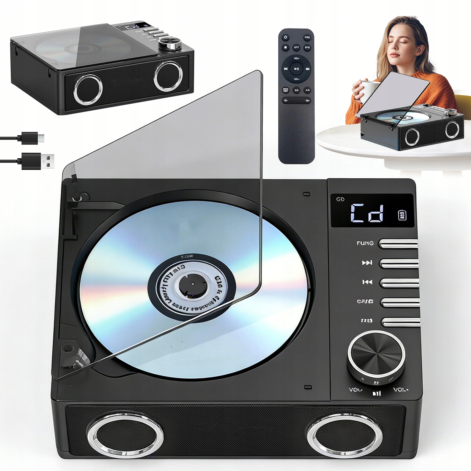 Přenosný Přehrávač CD Reproduktor Bluetooth Rádio Aux Usb MP3