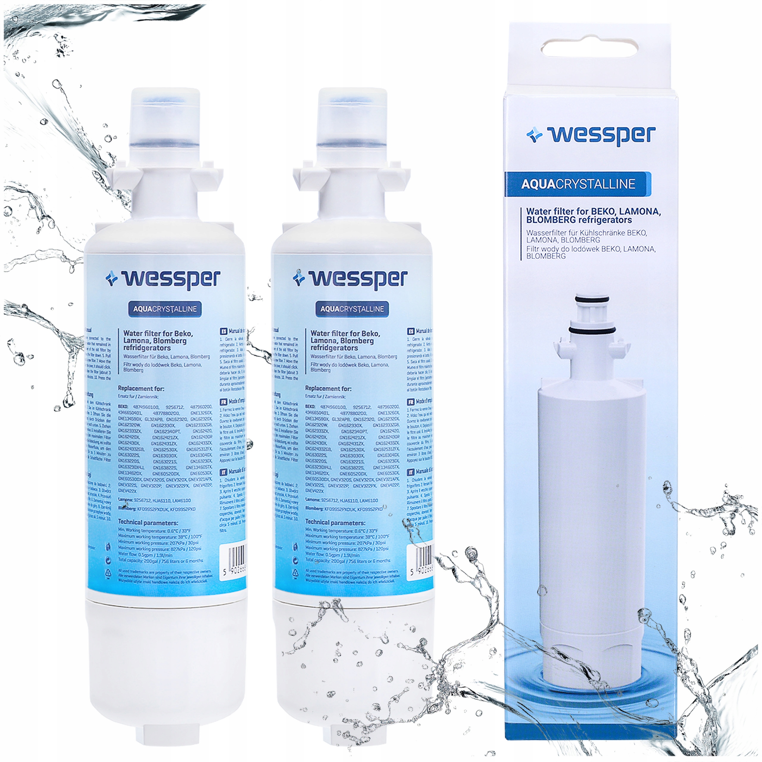 2x Filtr wody Wessper do lodówki Beko Gn Gne Gnev Gnl zamiennik 4874960100