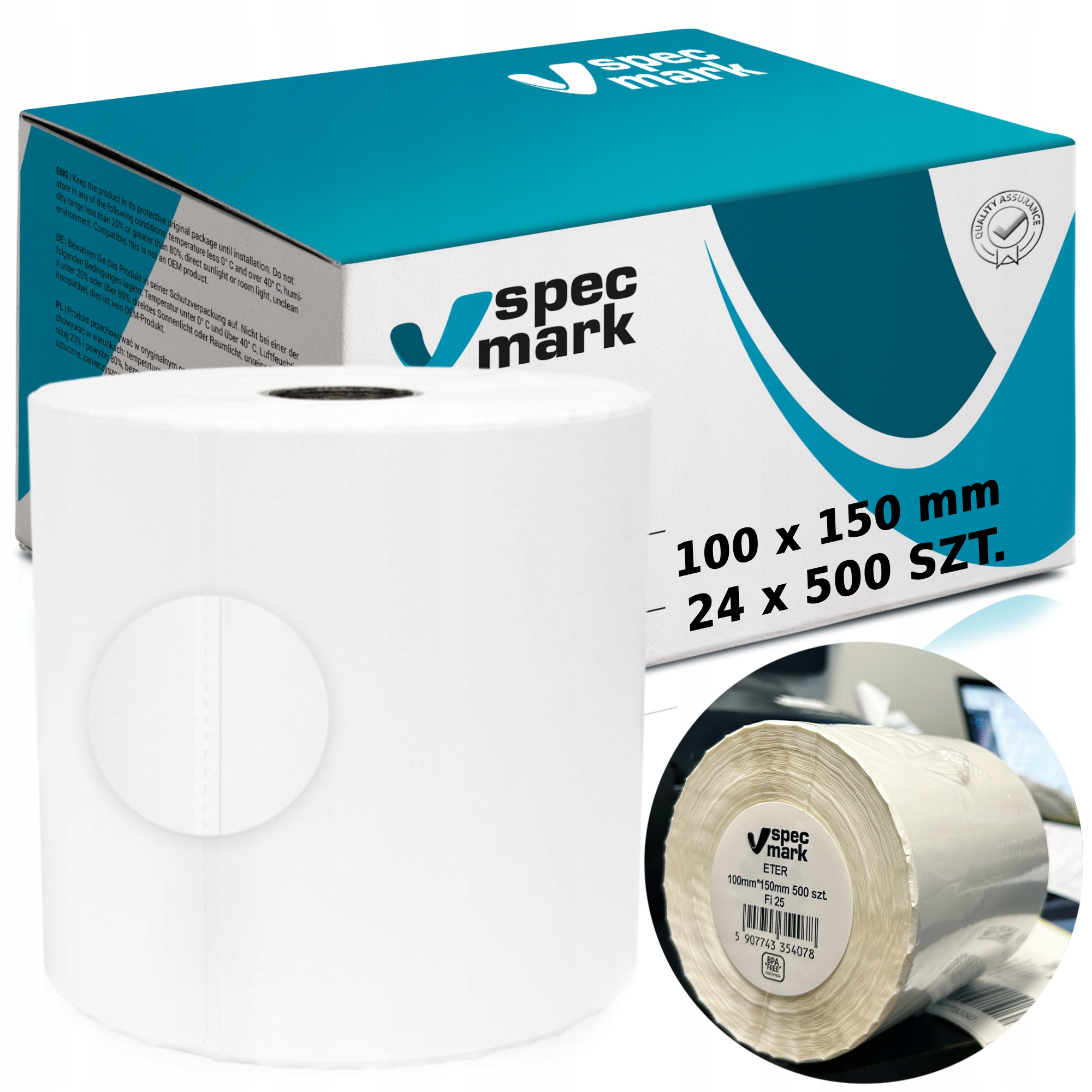 Termické Etikety 100x150 mm Samolepící bílé 500ks Karton 24 rolí