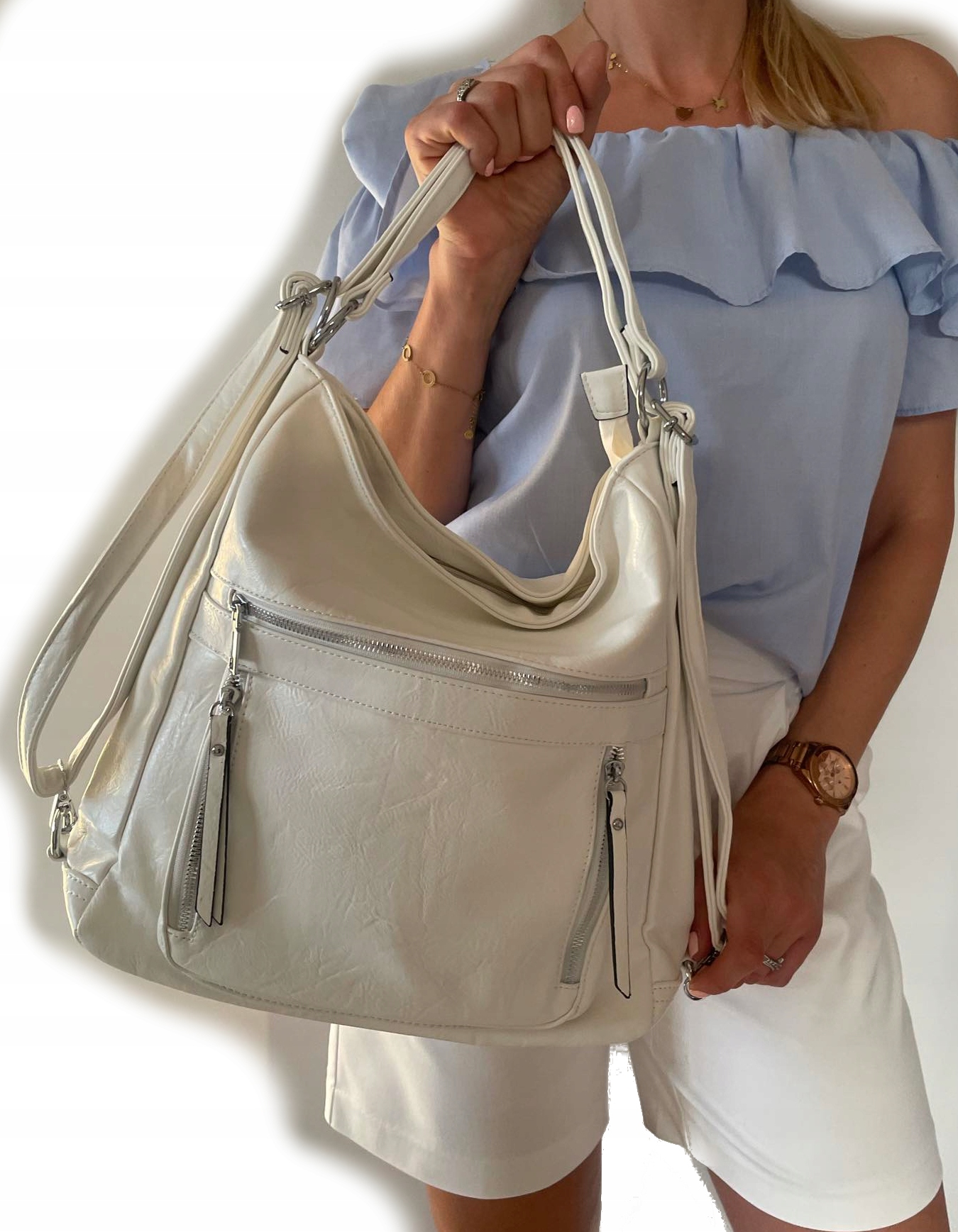 biała torebka damska WOREK PLECAK dużo kieszonek