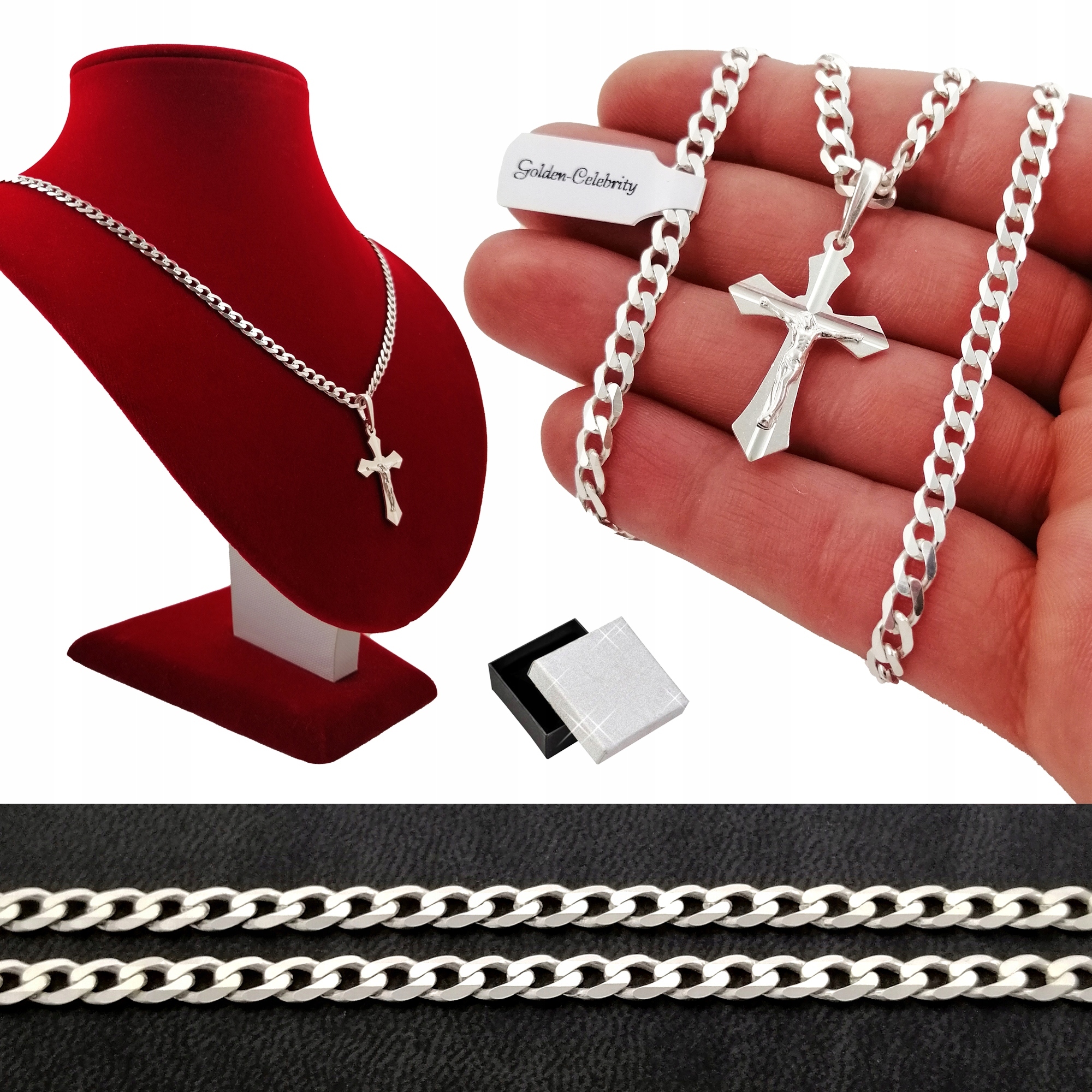 

Łańcuszek Srebrny Męski Pancerka+krzyżyk Próba 925