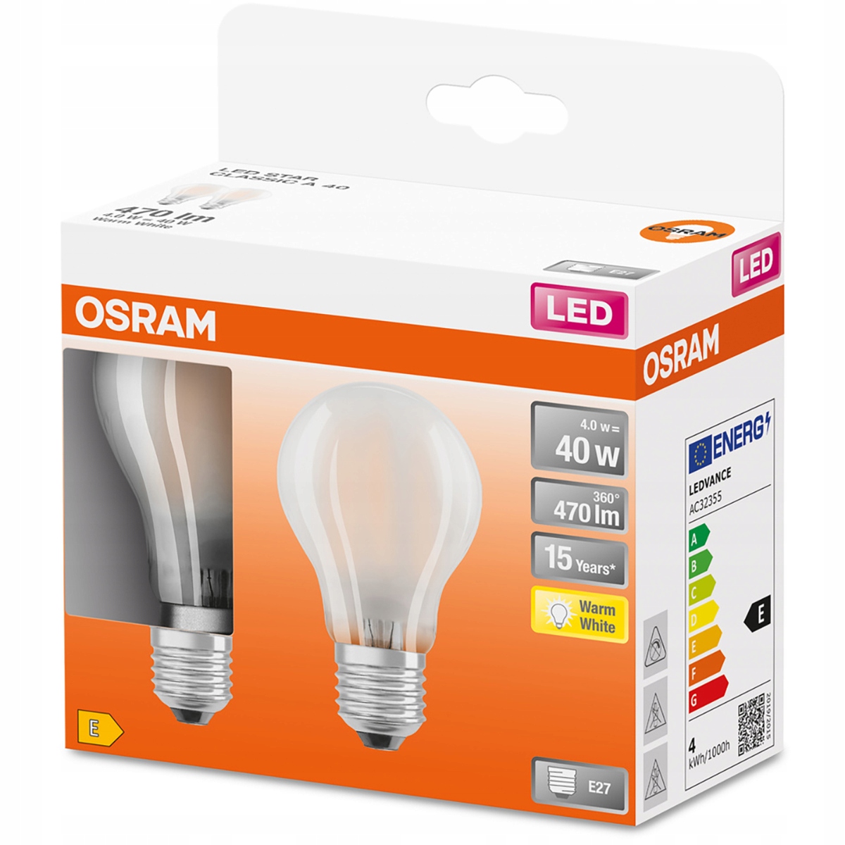 2x Żarówka LED E27 A60 4W 40W 470lm 2700K OSRAM
