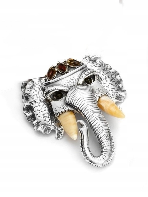Slon Stříbrná Brož S Jantarem Amulet