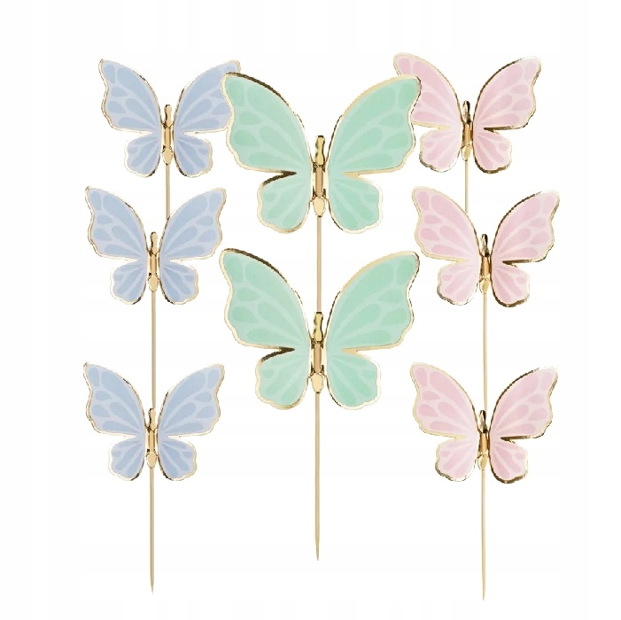 TOPPER Pikery na Tort Babeczki MOTYLKI Różowe Niebieskie Zielone 9 sztuk