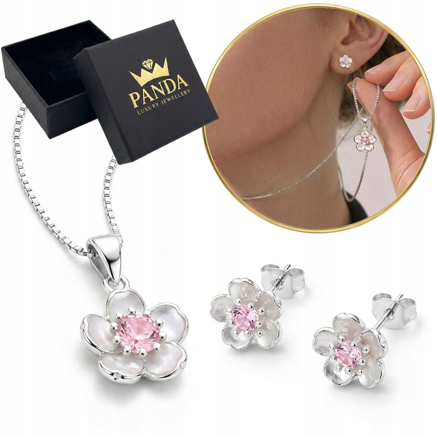Stříbrný komplet šperků 925 Růžový Květinový náhrdelník Náušnice pro ženy