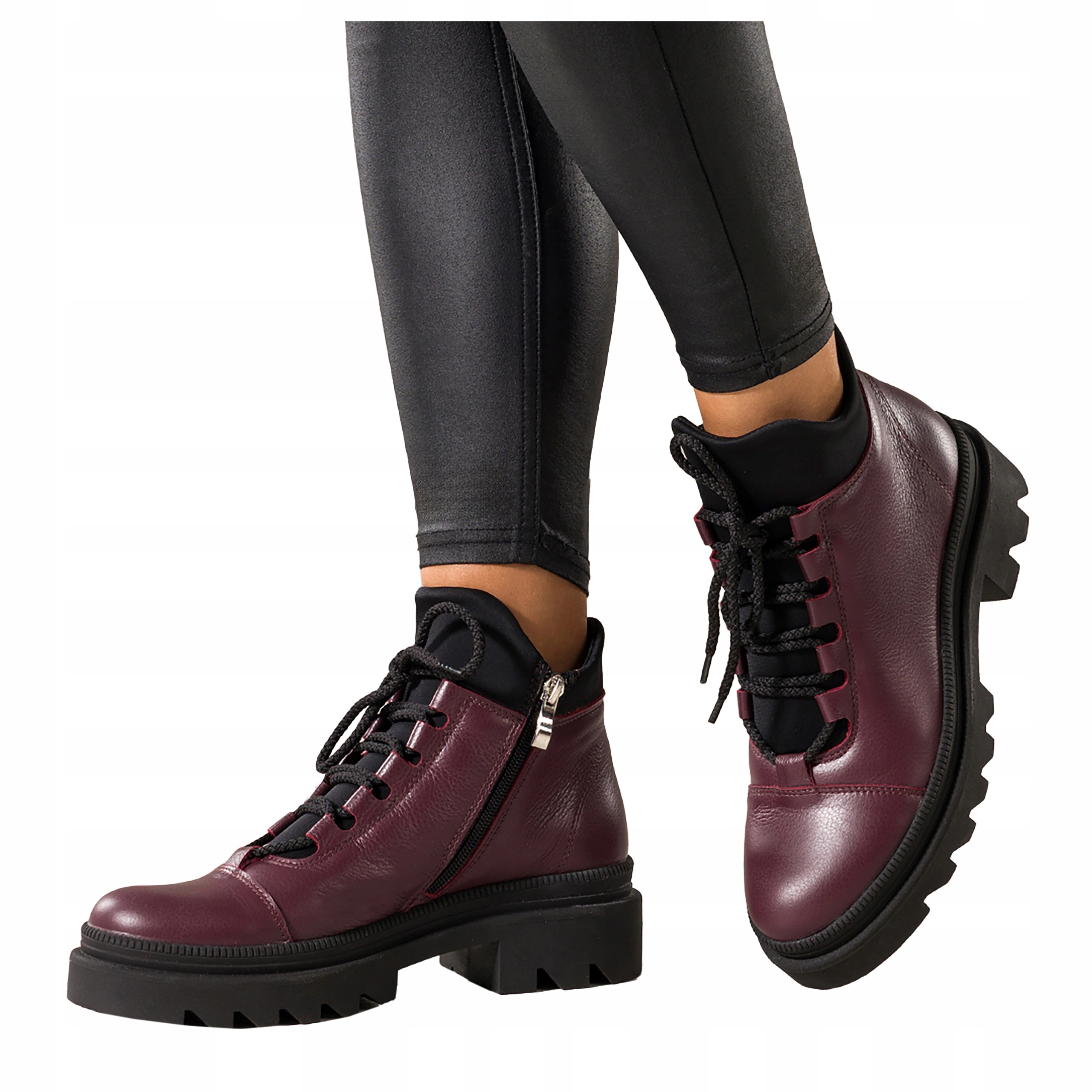 Kotníkové Boty Bordové Kožené Dámské Běžící Podrážka Šněrovací Módní vel. 36