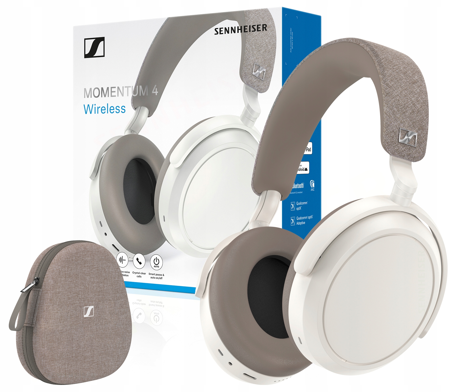 Sluchátka Sennheiser Momentum 4 Wireless White, výdrž 60 hodin, aptX, hybridní Anc Pouzdro