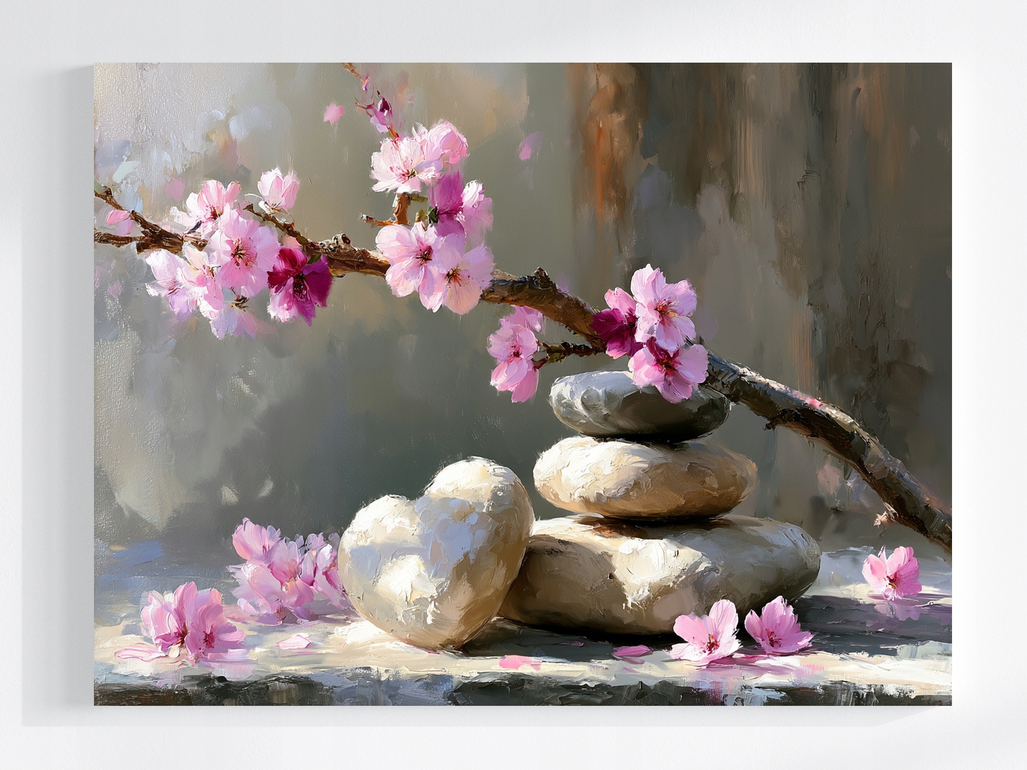 Obraz Na Plátně Canvas Dekorace Větvička Květiny Višeň Kámen Srdce 100x75