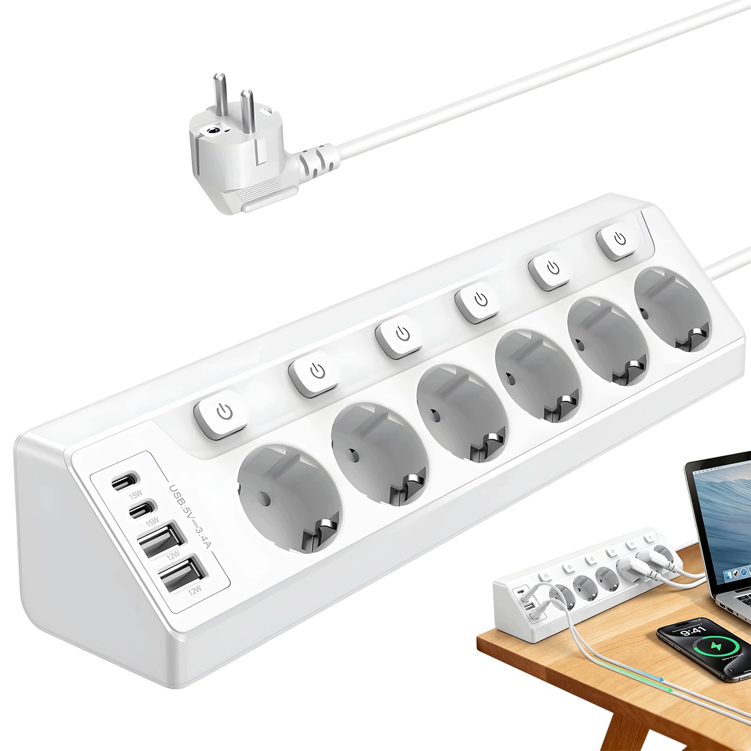 Multifunkční Zásuvková Lišta Bílá 6 Zásuvek 2XUSB-C 2XUSB-A 2M