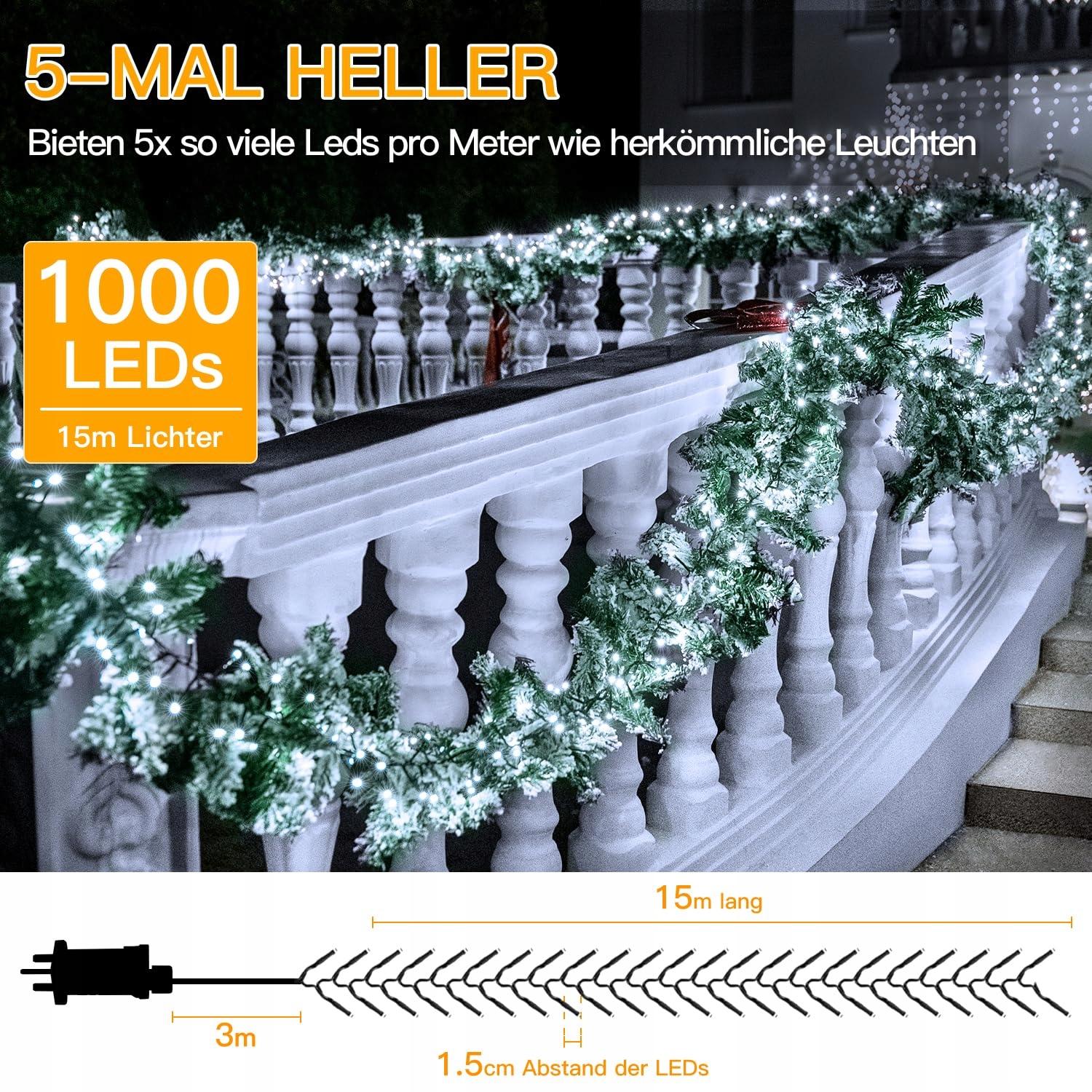 OLLNY LAMPKI ZEWNĘTRZNE OŚWIETLENIE ŚWIĄTECZNE GIRLANDA IP44 1000 LED 15M — miniatura 4