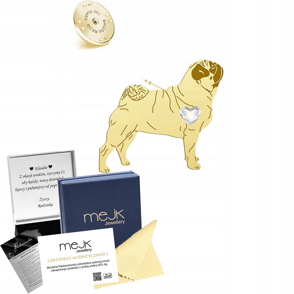 Zlatá brož se psem Mops 925 Šperk Dárek Věnování Bonus