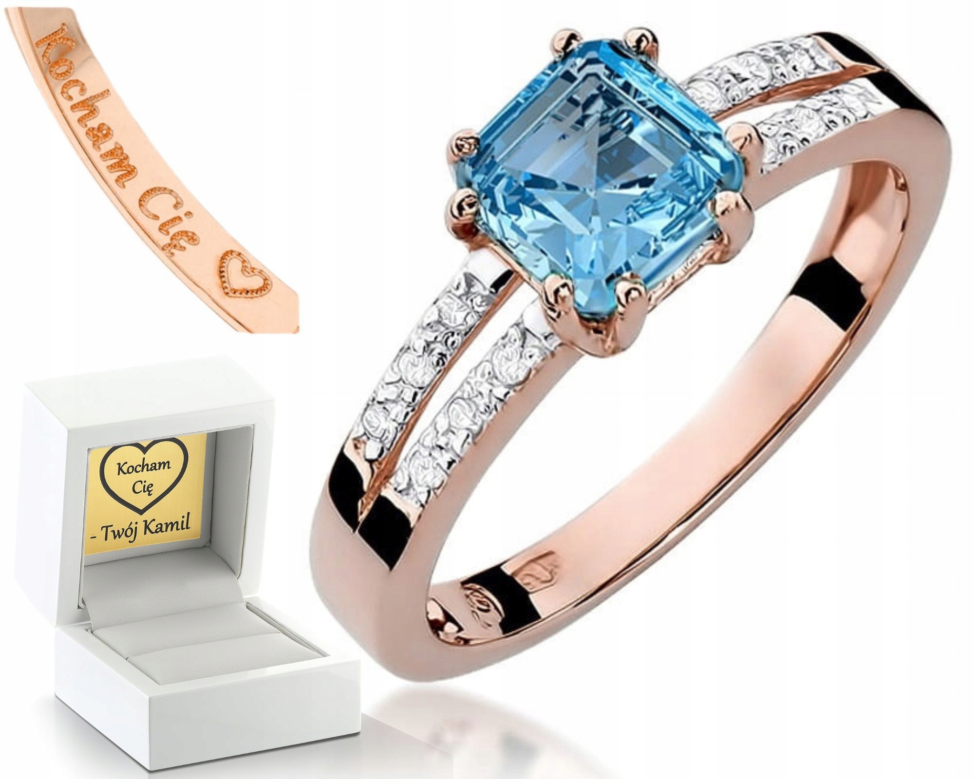 Prstýnek Gravírování Růžového Zlata S Topazem A Diamanty, Gravírování Bonus