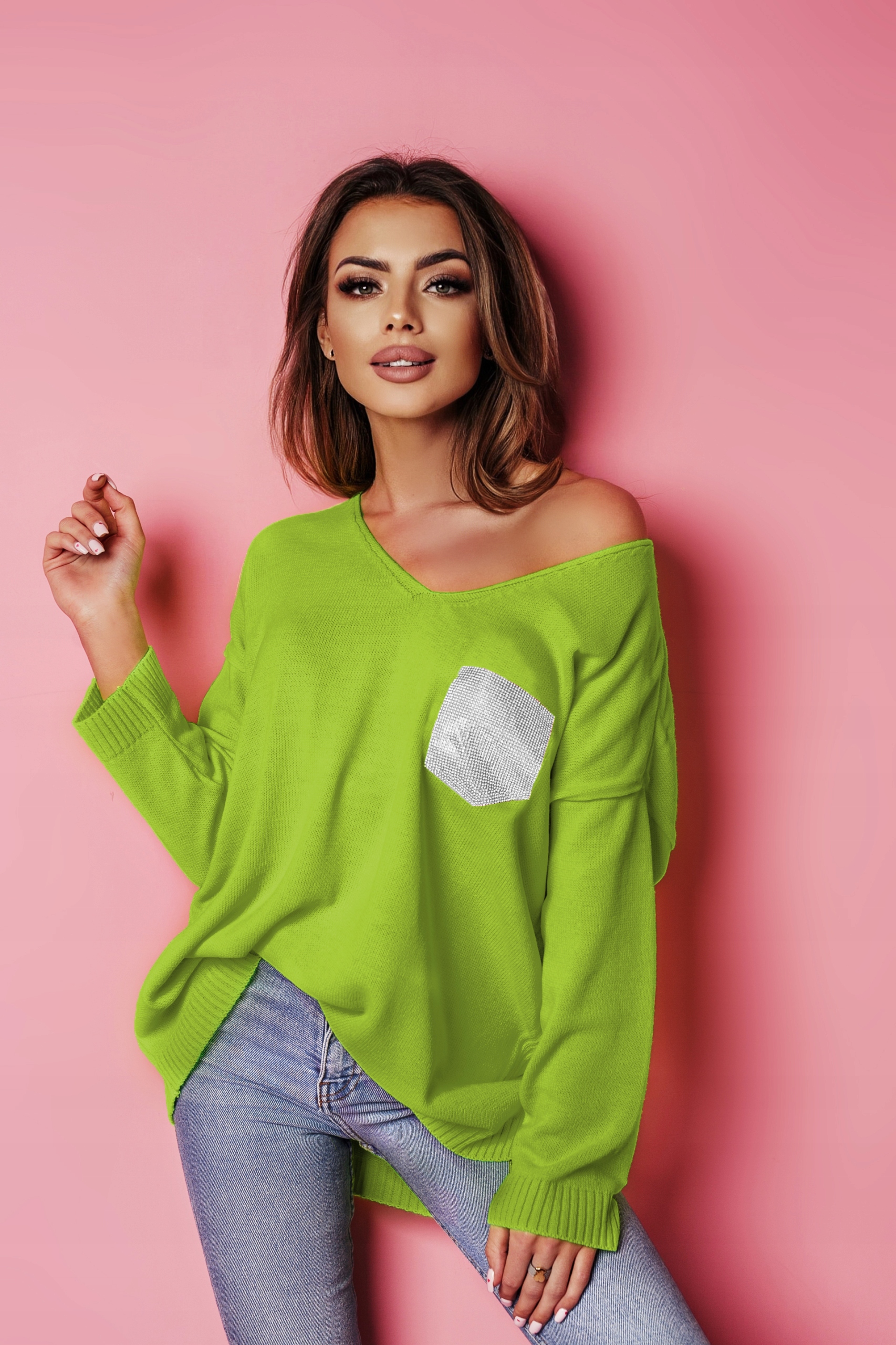 Velký svetr s kapsou v zirkony plus oversize velikosti Nobis limetka