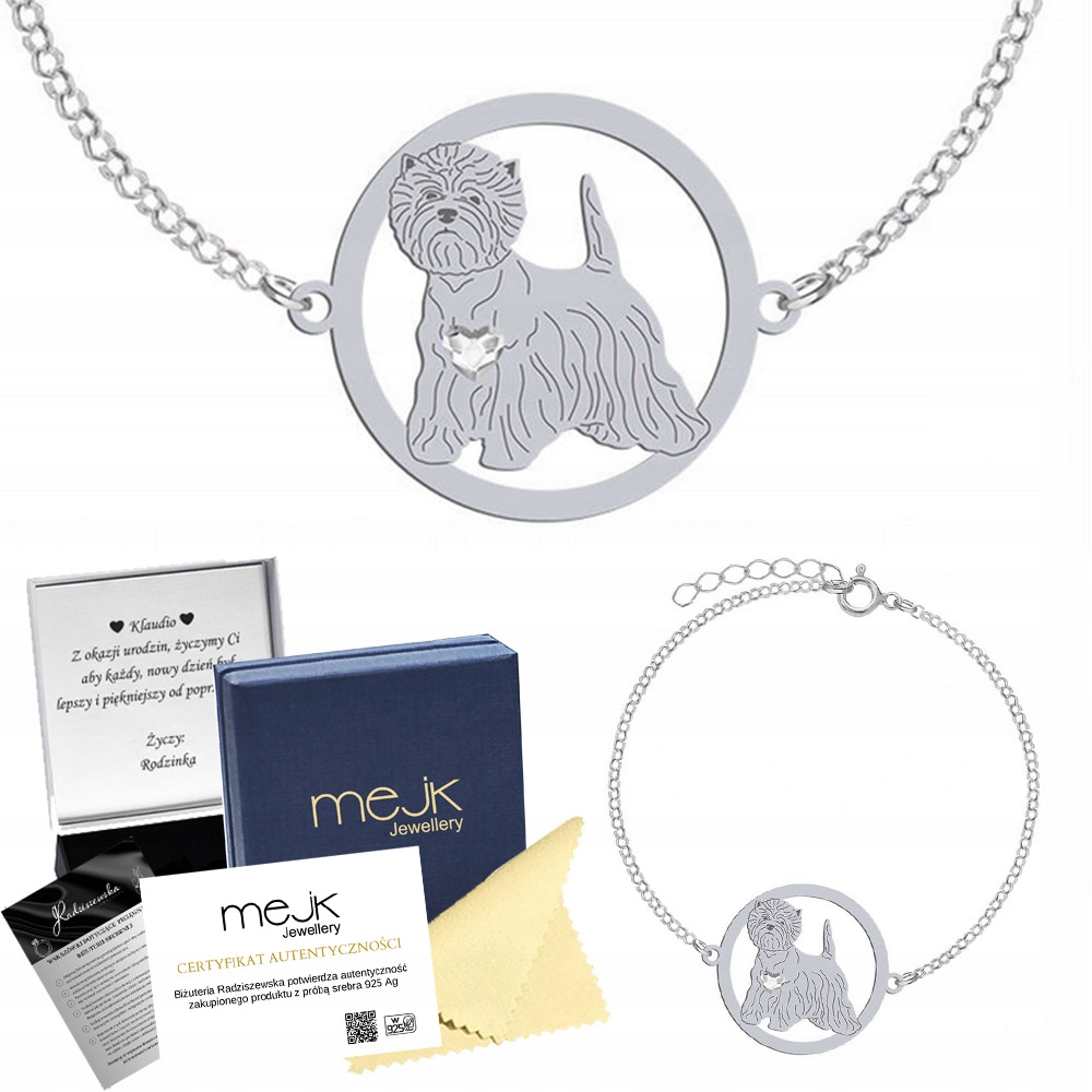 Stříbrný náramek z West Highland White Terrier 925 Dárek Gravírování Bonus