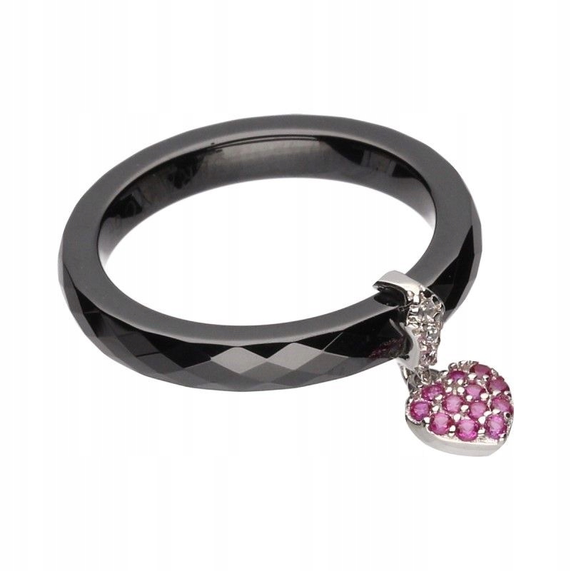 Prstýnek ze stříbra 925 černý Keramický se závěsným srdcem r12